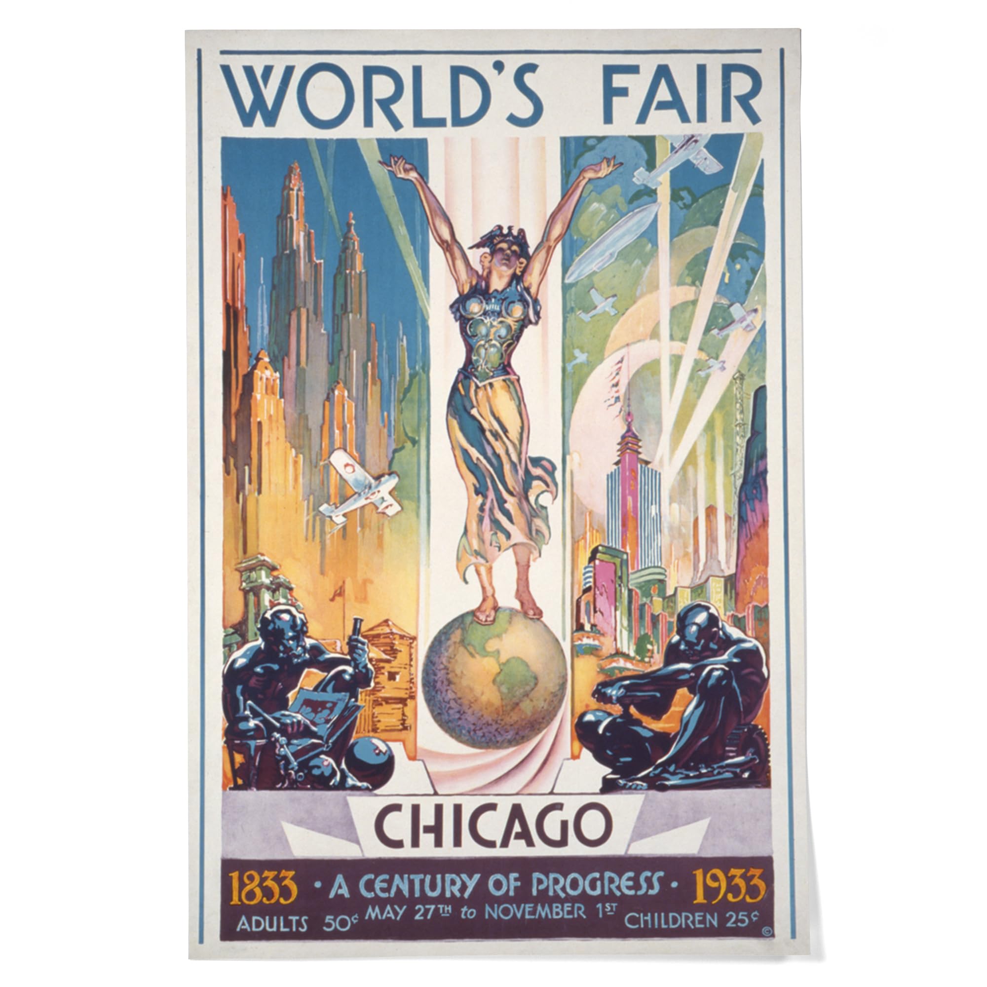 Lantern Press 24x36 Inch Giclee Art Print Wall Decor, Chicago World's Fair Poster, Woman on Globe, Vintage Advertisement