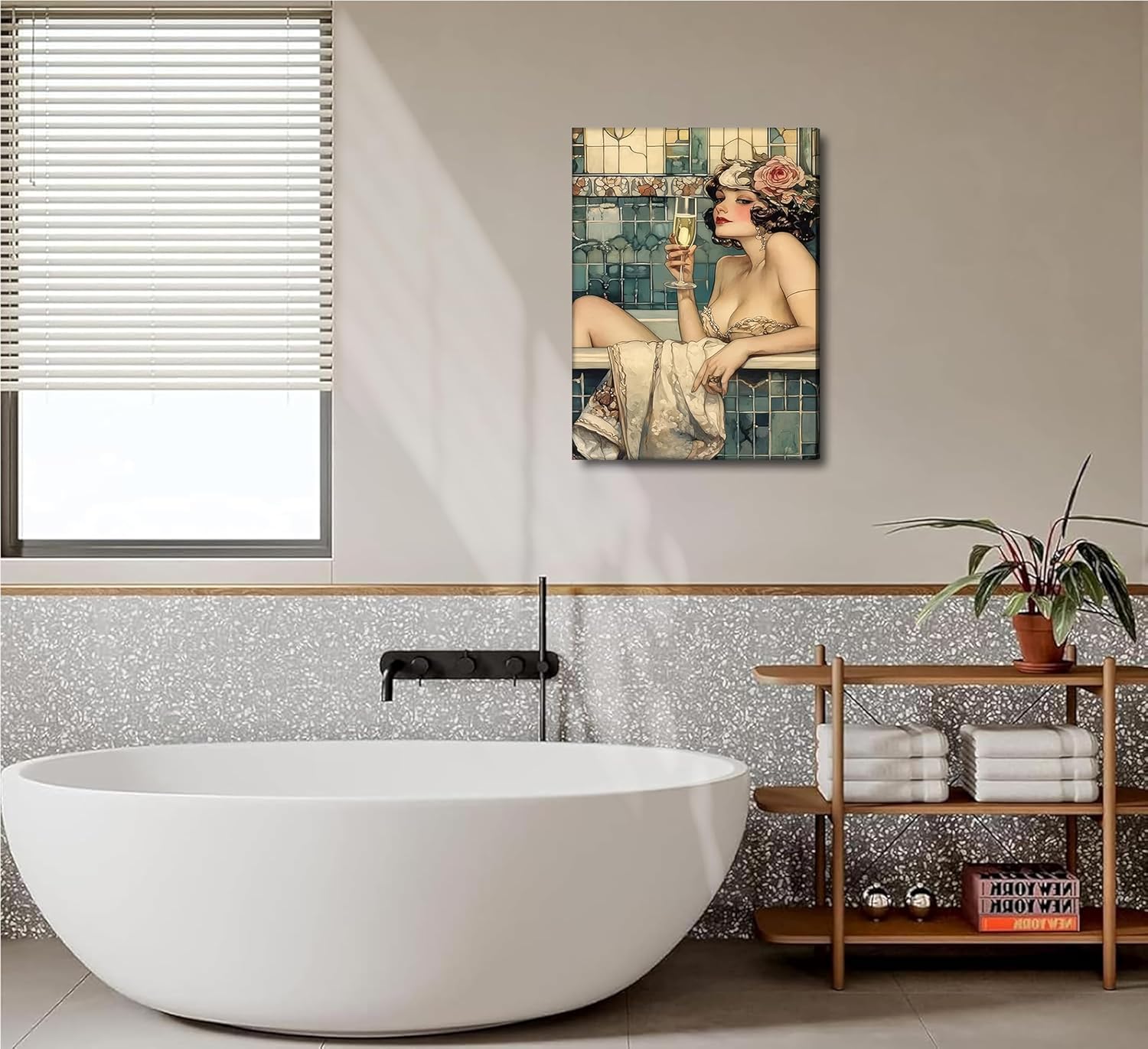 WWN Vintage Bathroom Canvas Wall Art Victorian Funky Woman in Bathtub Picture Wall Decor Trendy Champagne Bar Cart Decor Painting Poster Print for Bathroom Toilet Bar Home Decor,16x24in Wrapped Canvas