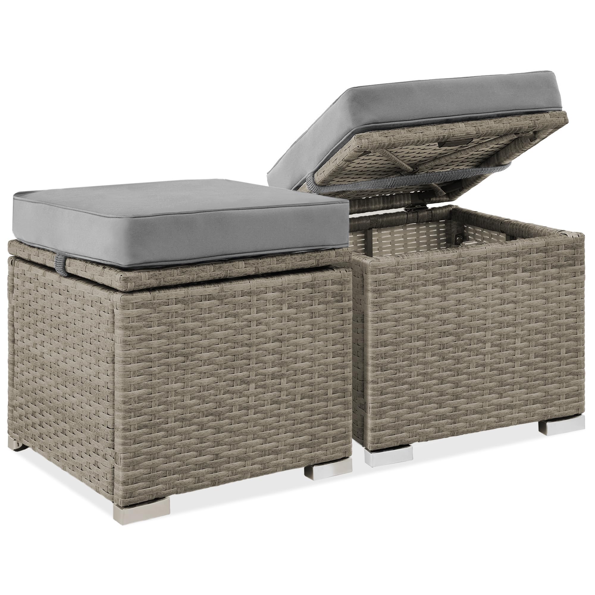 Best Choice Products Set of 2 Wicker Ottomans, Multipurpose Outdoor Furniture for Patio, Backyard, Additional Seating, Footrest, Side Table w/Storage, Removable Cushions - Brown/Beige