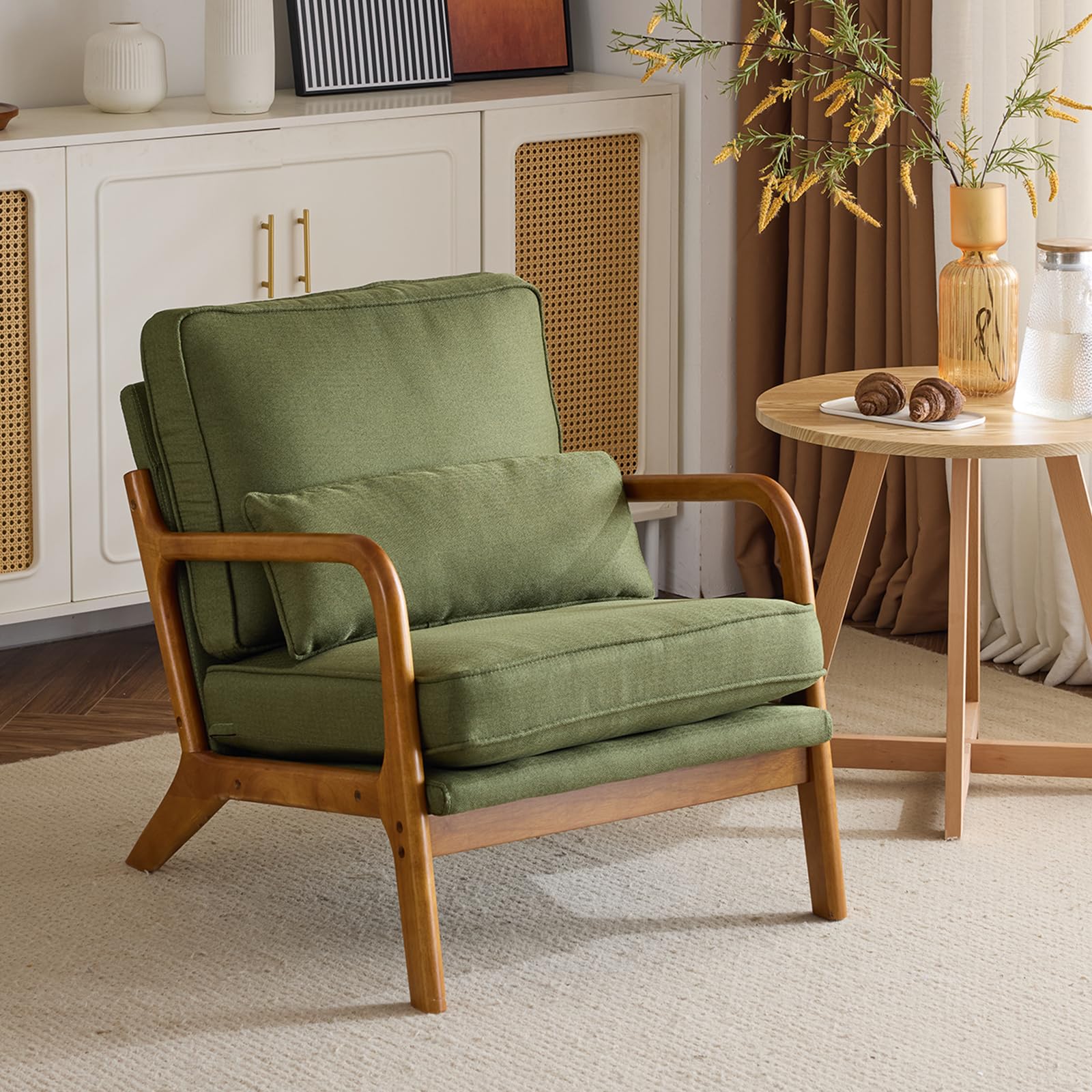 Karl home Accent Chair Mid-Century Modern Chair with Pillow Linen Fabric Upholstered Lounge Arm Chair with Solid Wood Frame & Soft Cushion for Living Room, Bedroom, Balcony, Beige