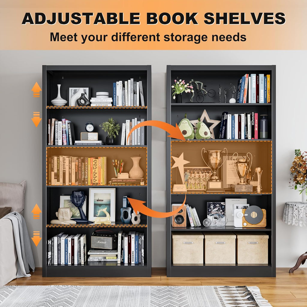 VASAAOSD 66" Tall Metal Bookcase, 5 Shelf Black Bookcase with Adjustable Shelves, Large Bookshelves and Bookcases, Modern Book Shelf Storage Organizer for Living Room, Home Office, Library (Black)