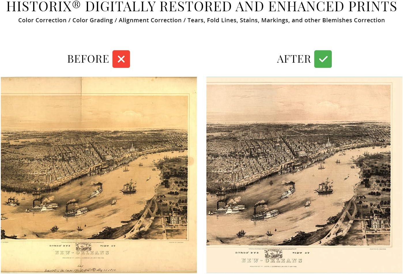 HISTORIX Vintage 1851 New Orleans Louisiana Map - 24x36 Inch Vintage Map of New Orleans Wall Art - New Orleans Vintage Map Poster - Historic Birds Eye View of New Orleans Vintage Map