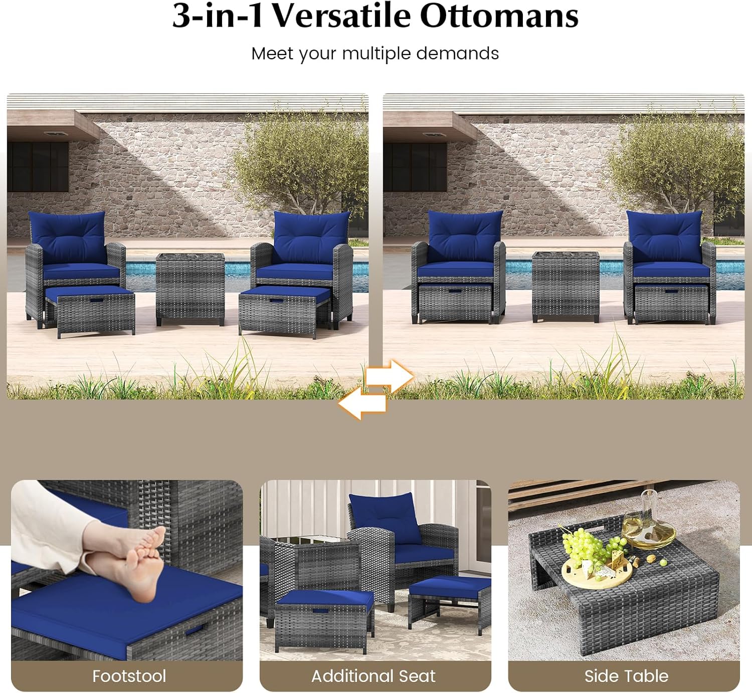 COSTWAY 5-Piece Rattan Conversation Set, Outdoor Wicker Sofa, Tempered Glass Coffee Table & Ottomans for Small Space, Boho Chic Indoor/Outdoor Furniture Set for Poolside, Backyard, Deck (Navy)
