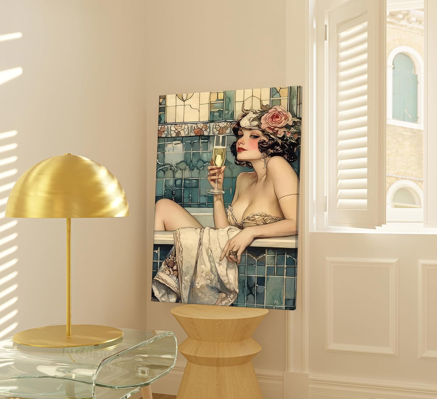 WWN Vintage Bathroom Canvas Wall Art Victorian Funky Woman in Bathtub Picture Wall Decor Trendy Champagne Bar Cart Decor Painting Poster Print for Bathroom Toilet Bar Home Decor,16x24in Wrapped Canvas