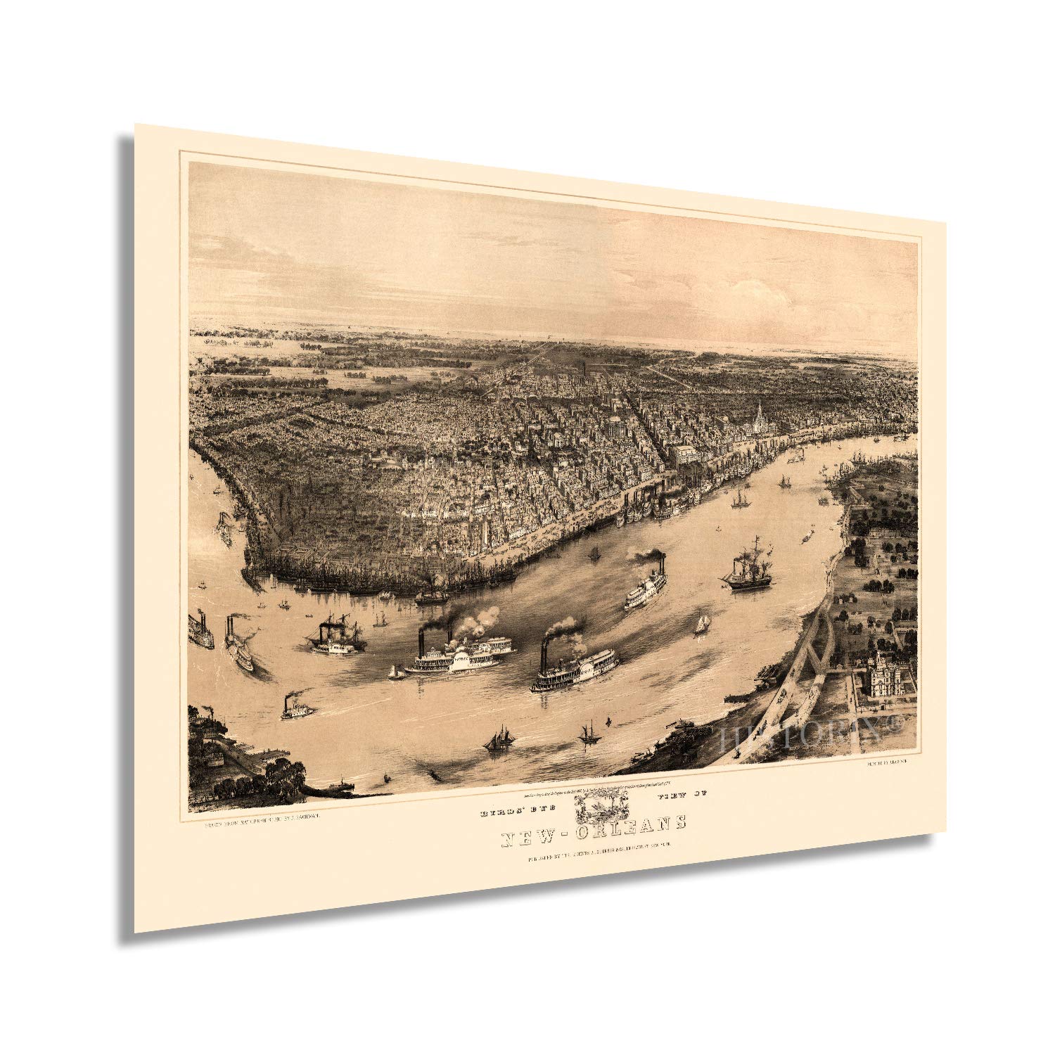 HISTORIX Vintage 1851 New Orleans Louisiana Map - 24x36 Inch Vintage Map of New Orleans Wall Art - New Orleans Vintage Map Poster - Historic Birds Eye View of New Orleans Vintage Map