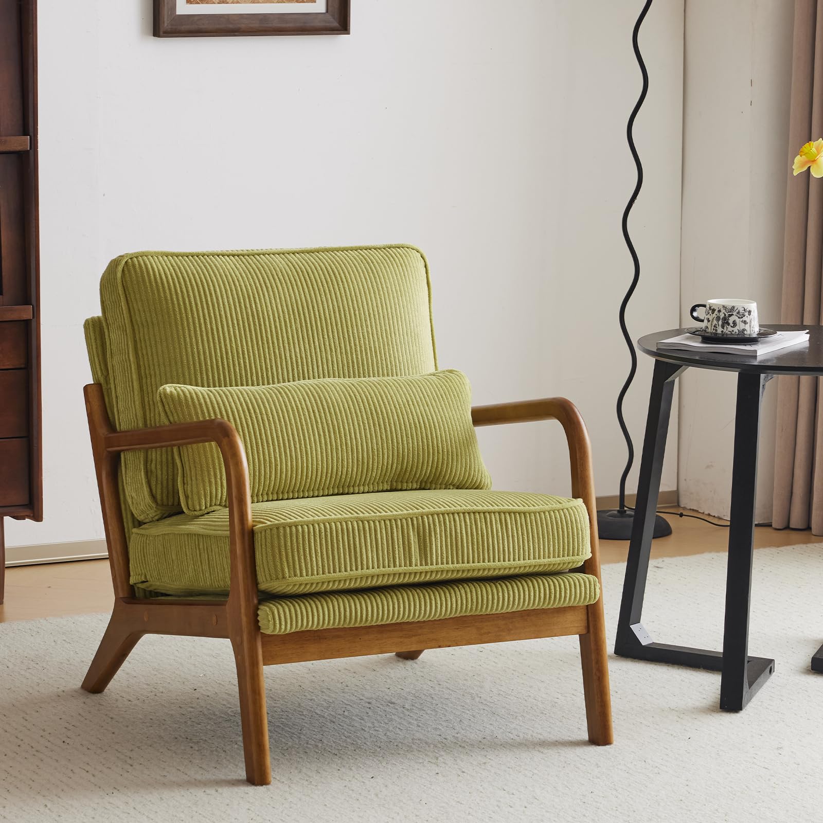 Karl home Accent Chair Mid-Century Modern Chair with Pillow Linen Fabric Upholstered Lounge Arm Chair with Solid Wood Frame & Soft Cushion for Living Room, Bedroom, Balcony, Beige