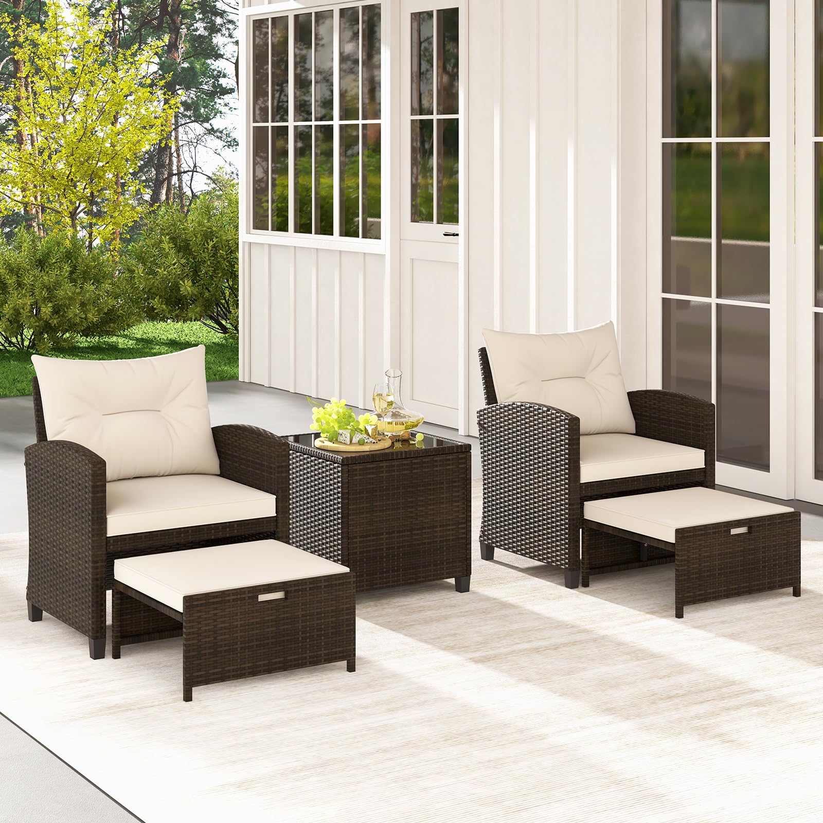 COSTWAY 5-Piece Rattan Conversation Set, Outdoor Wicker Sofa, Tempered Glass Coffee Table & Ottomans for Small Space, Boho Chic Indoor/Outdoor Furniture Set for Poolside, Backyard, Deck (Navy)