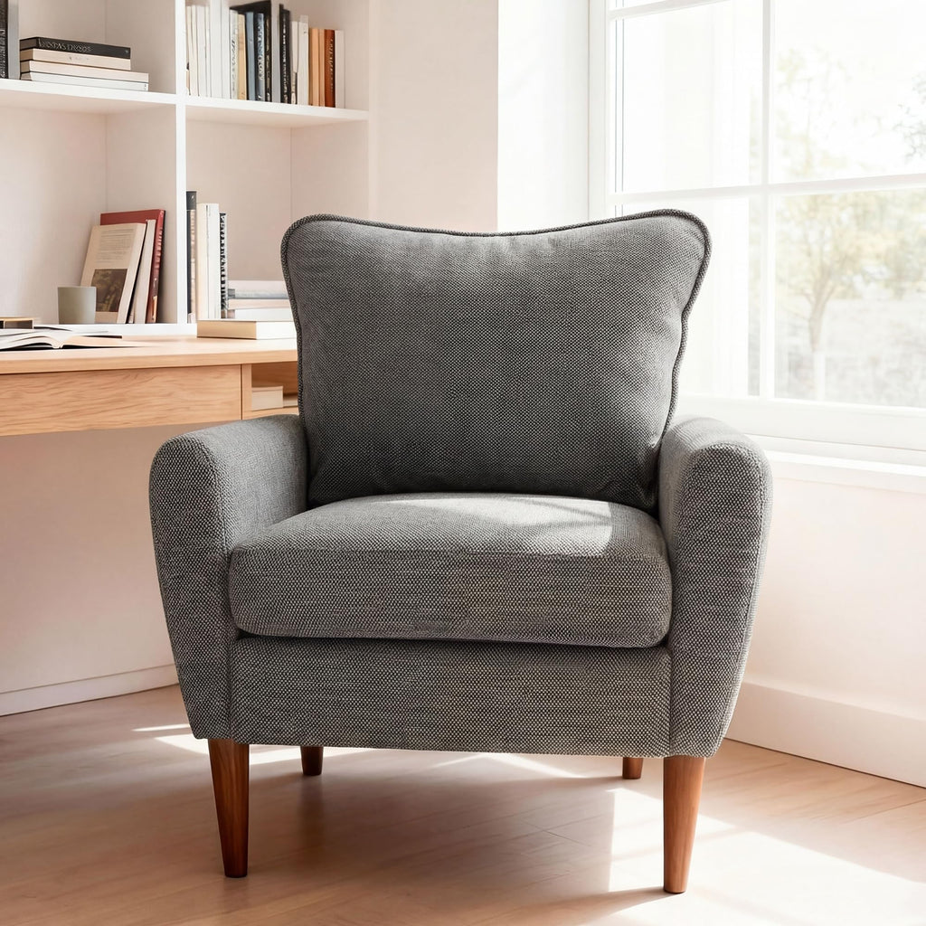 OLIXIS Comfy Accent Chair for Living Room Bedroom and Waiting Room, Upholstered Mid-Century Reading Chair with Pillow and Solid Wood Legs, Wide Singe Modern Lounge Sofa, Gray