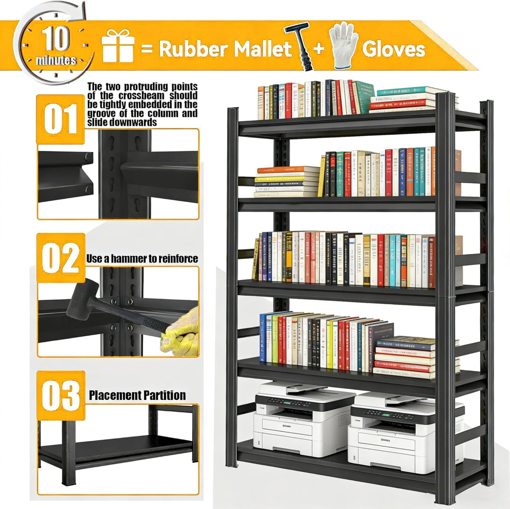 5-Tier Metal Bookshelf,Tall Book Shelf & Tall Printer Stand,36" W x 71" H Industrial Heavy Duty Metal Bookcase for Office, Home, Living Room - Adjustable Storage Rack, Easy Assembly, Black