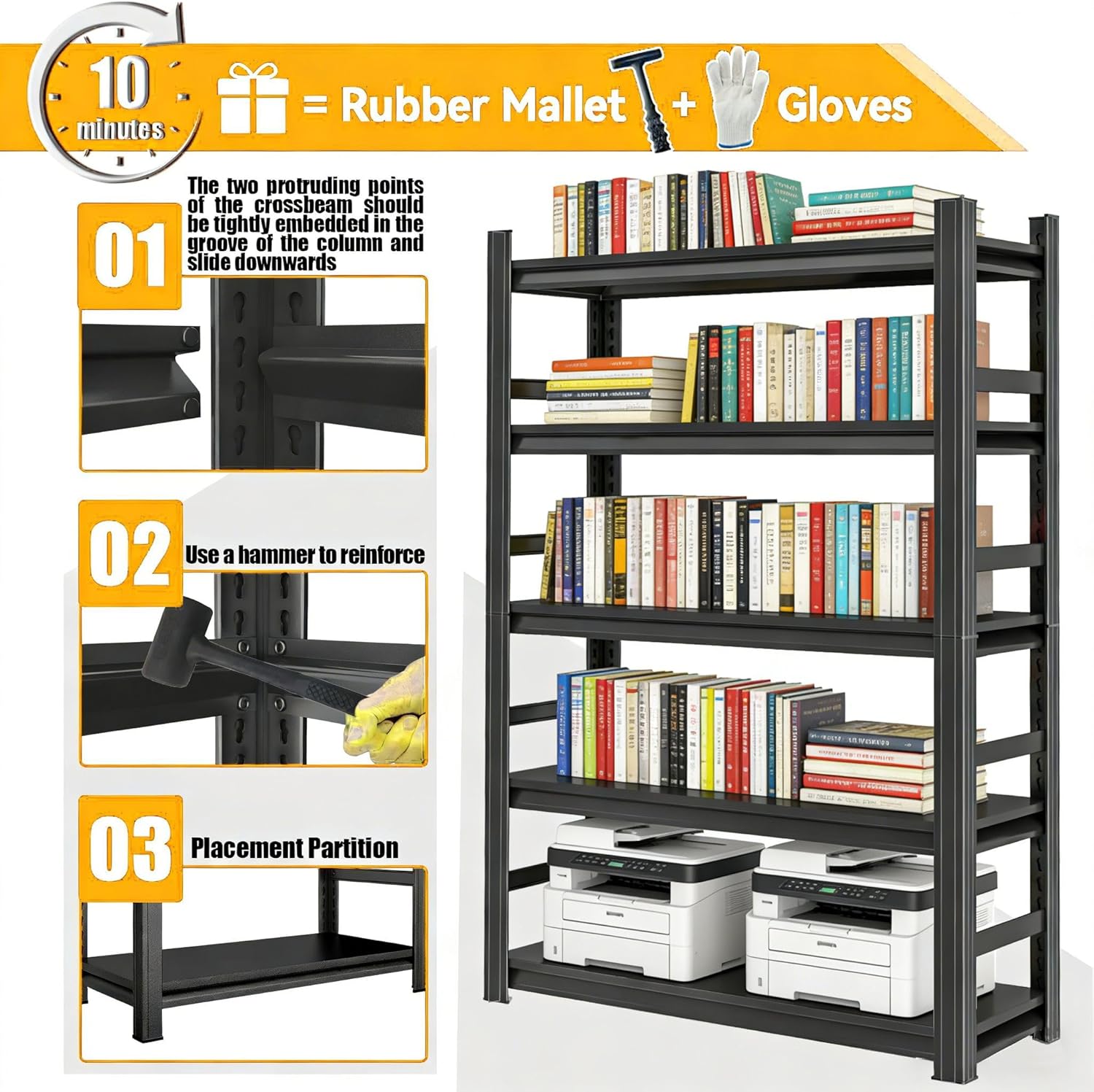 5-Tier Metal Bookshelf,Tall Book Shelf & Tall Printer Stand,36" W x 71" H Industrial Heavy Duty Metal Bookcase for Office, Home, Living Room - Adjustable Storage Rack, Easy Assembly, Black