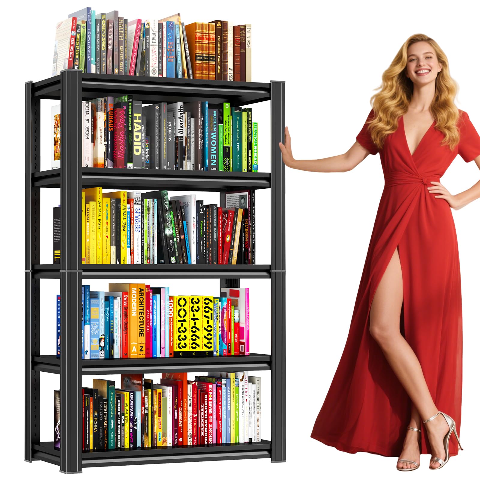 Bolt-Free 5 Tier Metal Bookshelf, 71"H Adjustable Tall Bookcase with Anti-Drop Fence, 1500LBS Heavy Duty Deep Book Shelf, Large Office Bookshelf, Modern Storage Shelves for Bedroom, LivingRoom, Garage