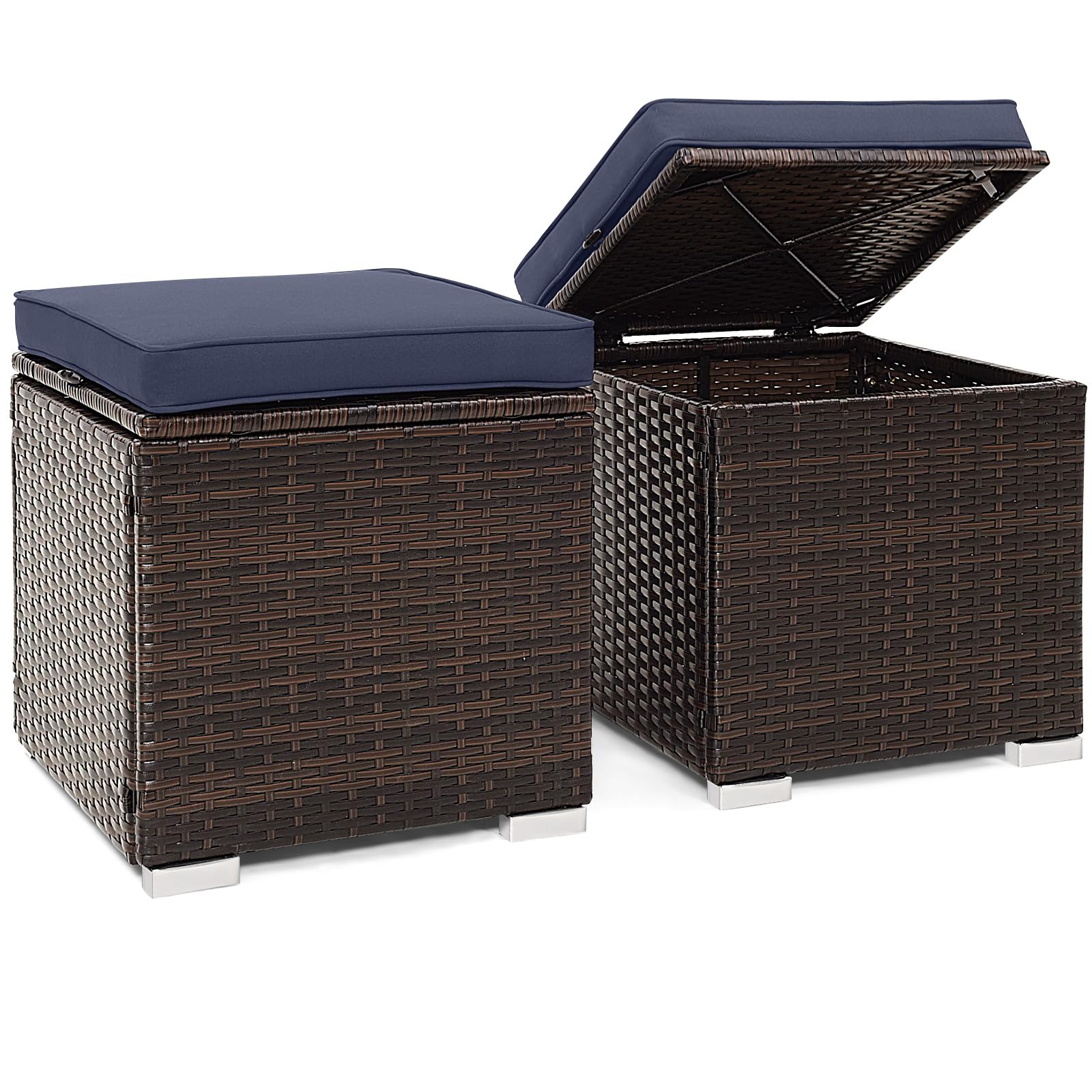Tangkula 2 Pieces Outdoor Patio Ottoman, All Weather Rattan Wicker Ottoman Seat, Patio Rattan Furniture, Outdoor Footstool Footrest Seat w/Removable Cushions