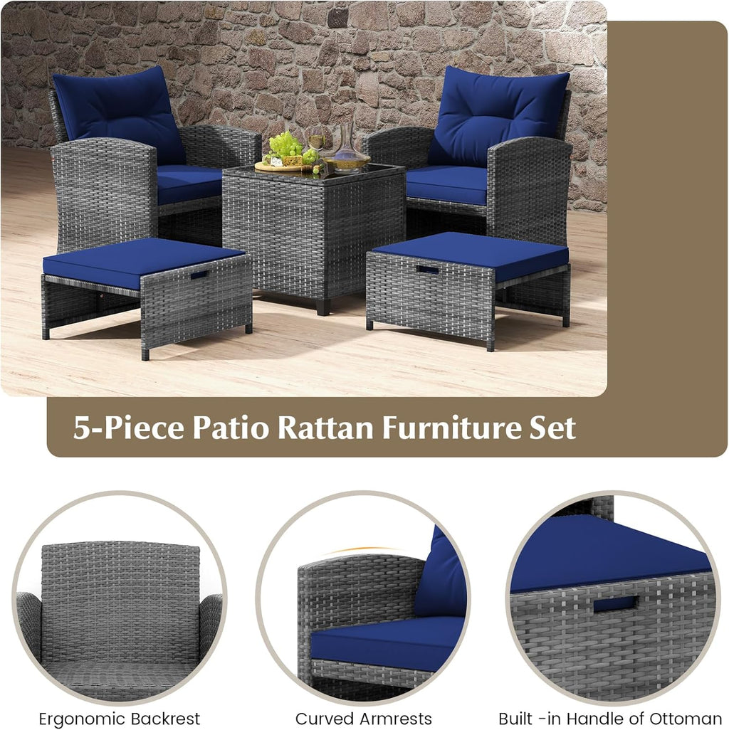 COSTWAY 5-Piece Rattan Conversation Set, Outdoor Wicker Sofa, Tempered Glass Coffee Table & Ottomans for Small Space, Boho Chic Indoor/Outdoor Furniture Set for Poolside, Backyard, Deck (Navy)
