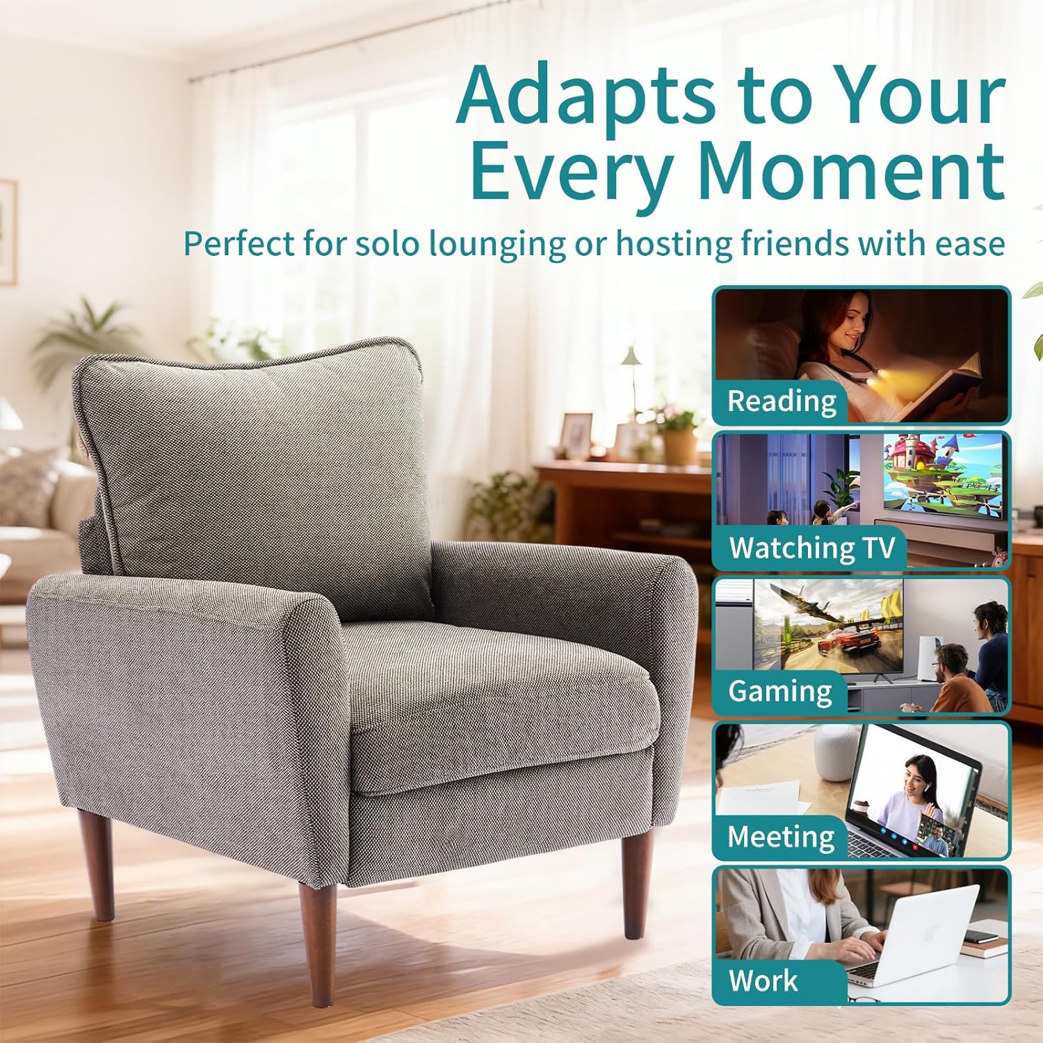 OLIXIS Comfy Accent Chair for Living Room Bedroom and Waiting Room, Upholstered Mid-Century Reading Chair with Pillow and Solid Wood Legs, Wide Singe Modern Lounge Sofa, Gray