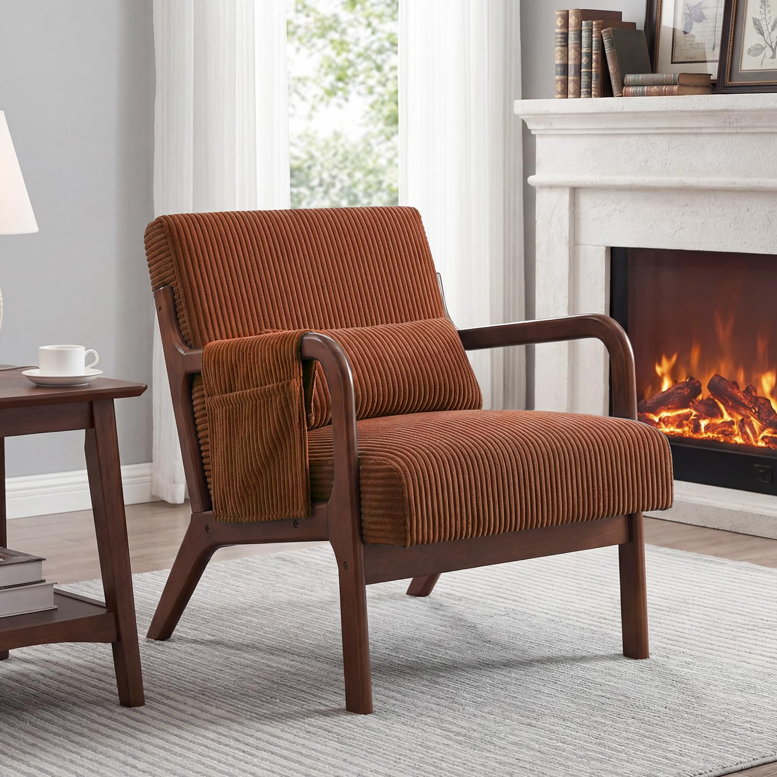 DUMOS Mid Century Modern Accent Chair, Upholstered Armchair with Lumbar Pillow and Solid Wood Frame, Comfy Reading Chair for Small Living Room, Bedroom, Guest Room, Beige