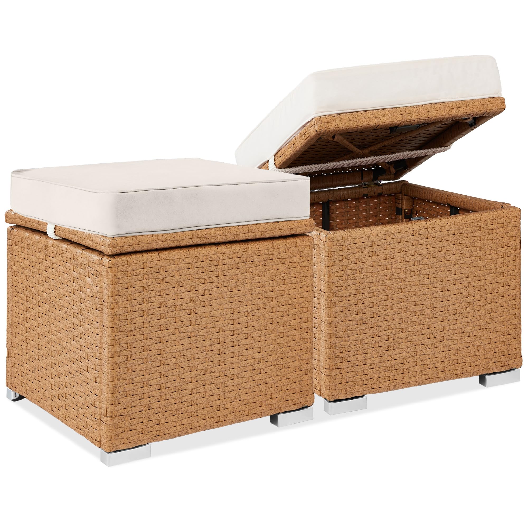 Best Choice Products Set of 2 Wicker Ottomans, Multipurpose Outdoor Furniture for Patio, Backyard, Additional Seating, Footrest, Side Table w/Storage, Removable Cushions - Brown/Beige