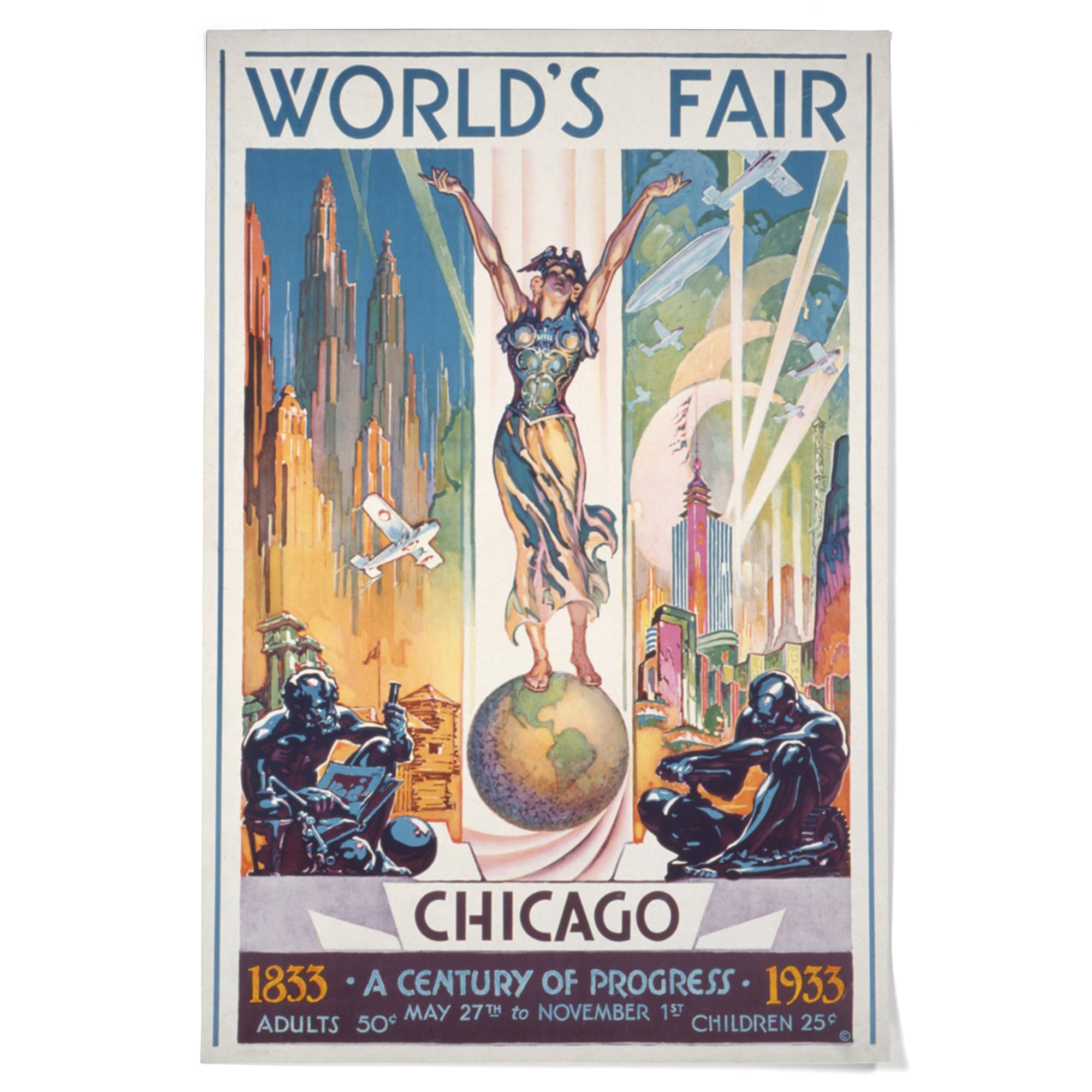 Lantern Press 24x36 Inch Giclee Art Print Wall Decor, Chicago World's Fair Poster, Woman on Globe, Vintage Advertisement