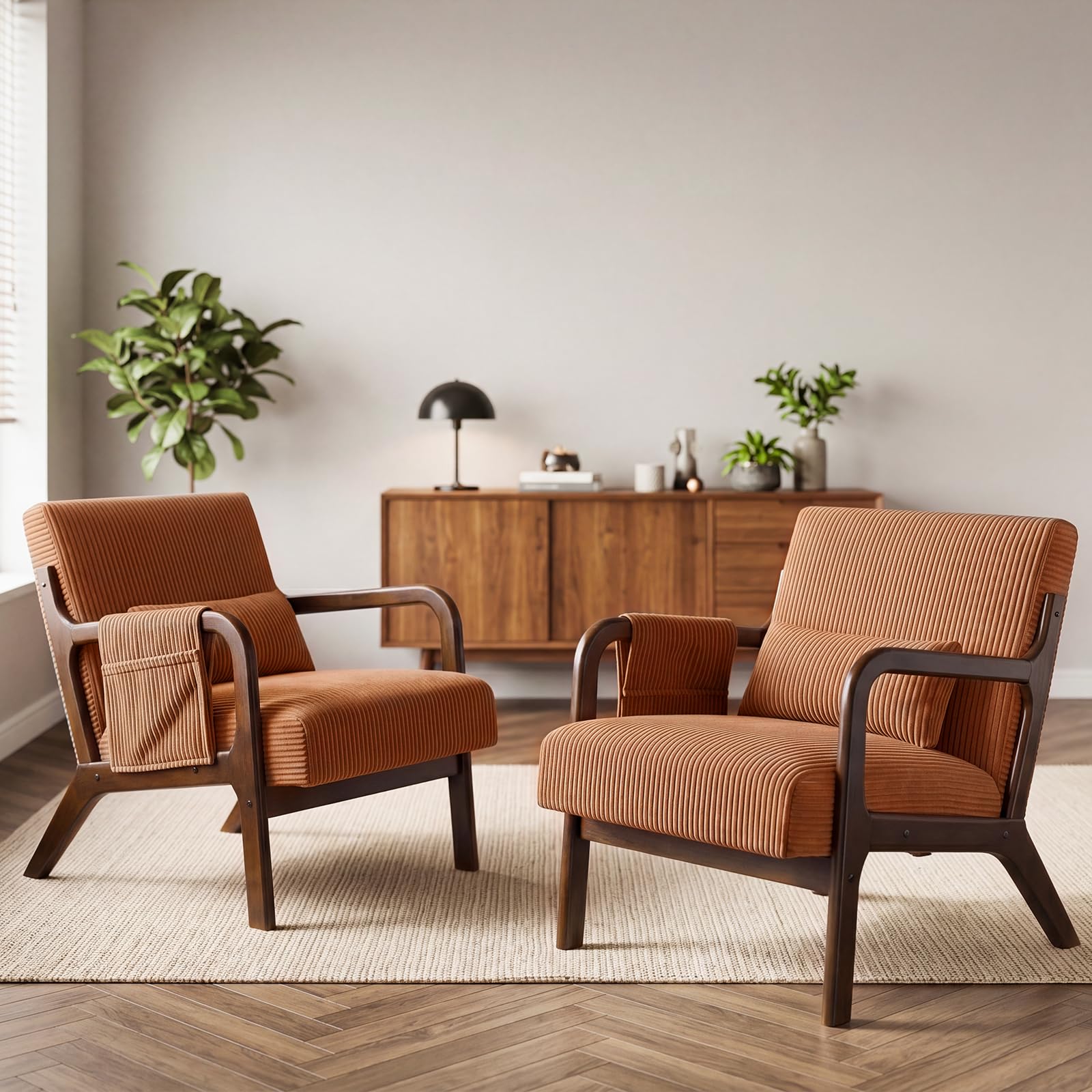 DUMOS Mid Century Modern Accent Chair, Upholstered Armchair with Lumbar Pillow and Solid Wood Frame, Comfy Reading Chair for Small Living Room, Bedroom, Guest Room, Beige