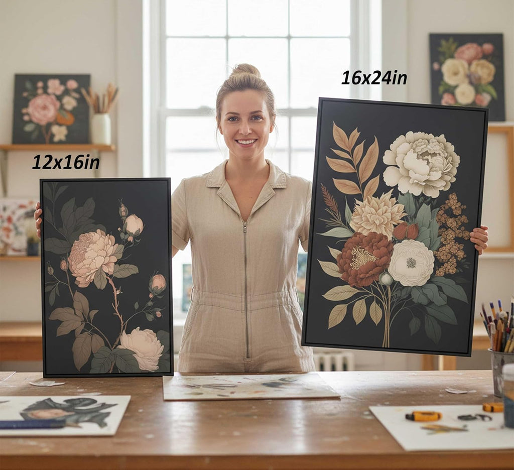 3Pcs Framed Vintage Peony Flower Still Life Canvas Wall art Rustic Dark Floral Plant Painting Picture Farmhouse Wall Decor Posters Print Artwork for Women's Room Living Room Bedroom Home Decoration
