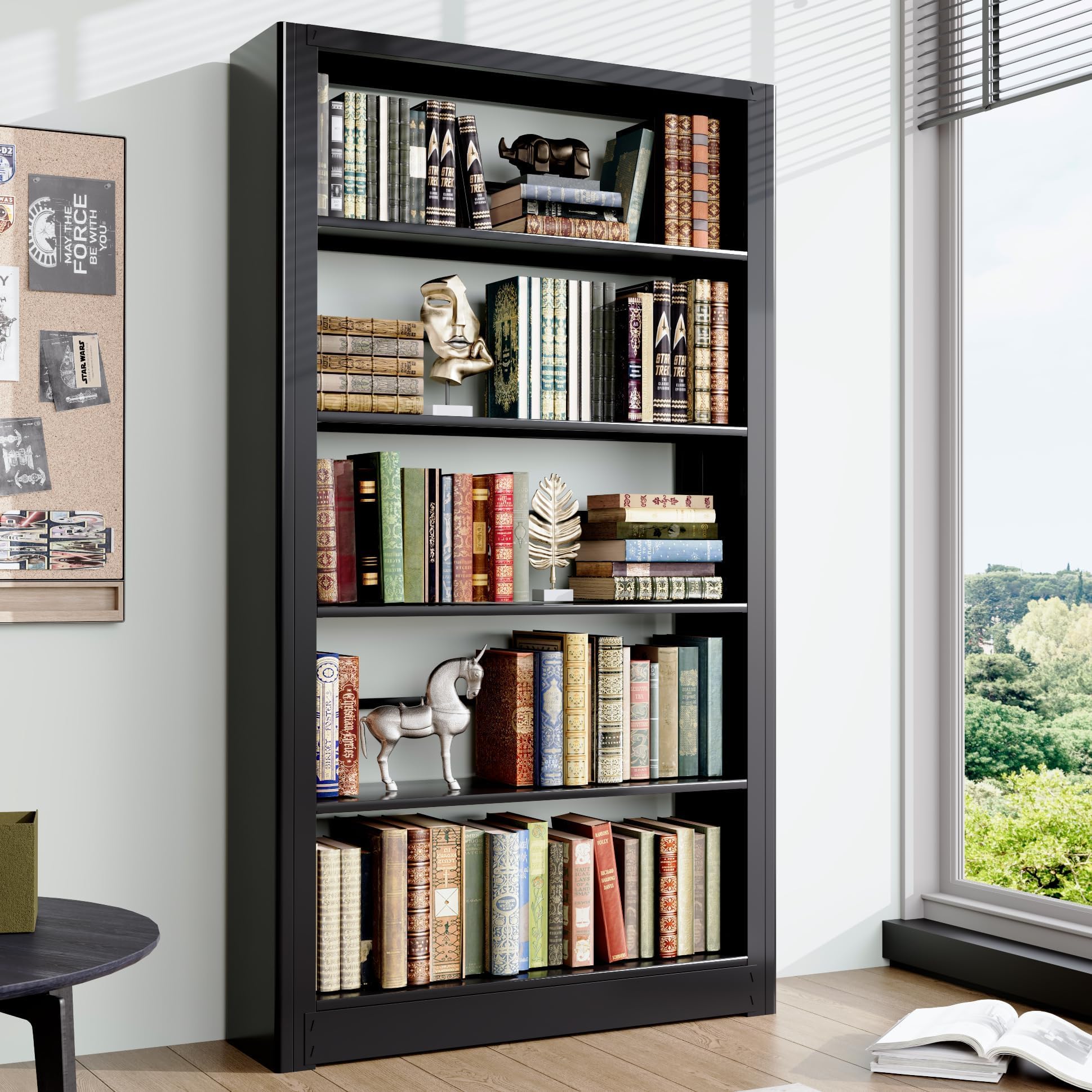 VASAAOSD 66" Tall Metal Bookcase, 5 Shelf Black Bookcase with Adjustable Shelves, Large Bookshelves and Bookcases, Modern Book Shelf Storage Organizer for Living Room, Home Office, Library (Black)