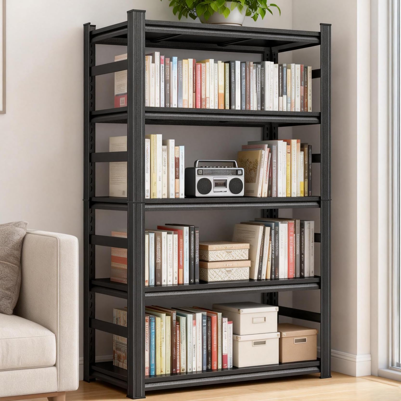 Bolt-Free 5 Tier Metal Bookshelf, 71"H Adjustable Tall Bookcase with Anti-Drop Fence, 1500LBS Heavy Duty Deep Book Shelf, Large Office Bookshelf, Modern Storage Shelves for Bedroom, LivingRoom, Garage