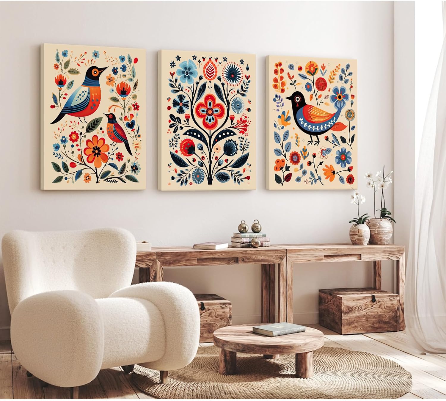 Scandinavian Folk Wall Art Nodic Flower Canvas Wall Decor Norwegian Wall Art Poster Swedish Antique Wall Decor Pictures Floral Bird Prints Vintage Poster for Home Kitchen 16x24x3 Inch Ready to Hang