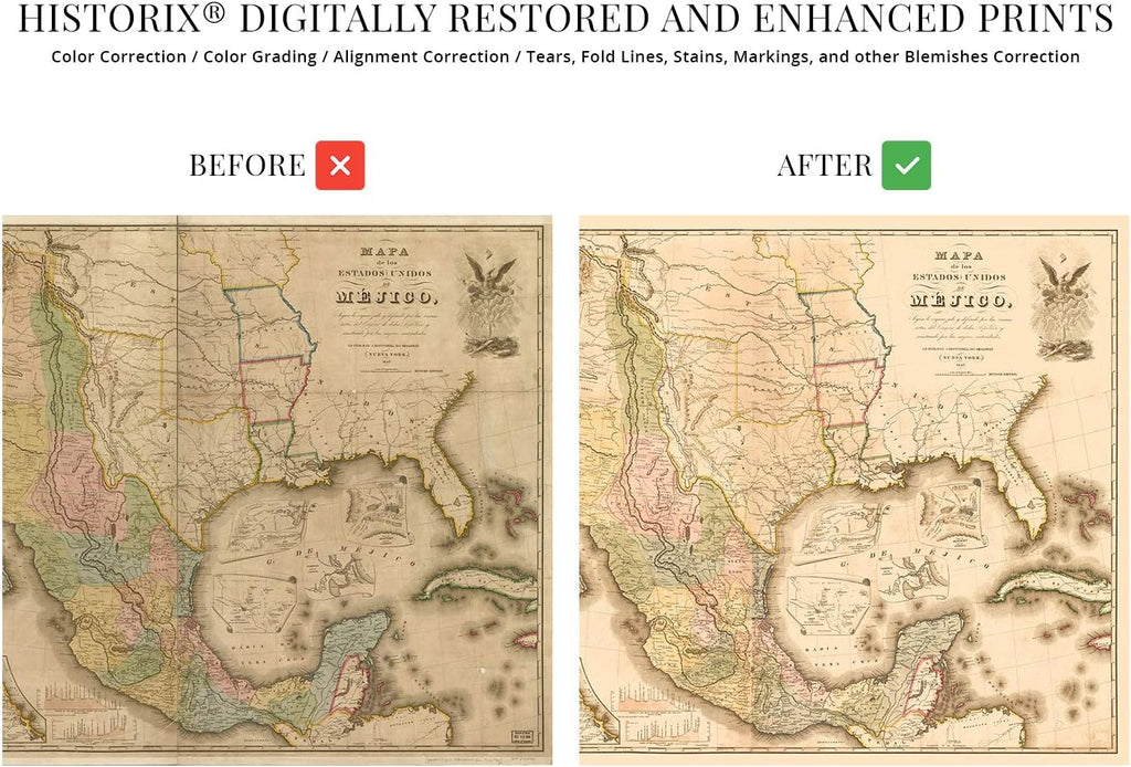 HISTORIX Vintage 1847 Mexico Map Poster - 24x36 Inch Vintage Map of Mexico States - Mapa de Mexico Wall Art - Mapa de Los Estados Unidos de Mejico Definido por las Varias Actas del Congreso