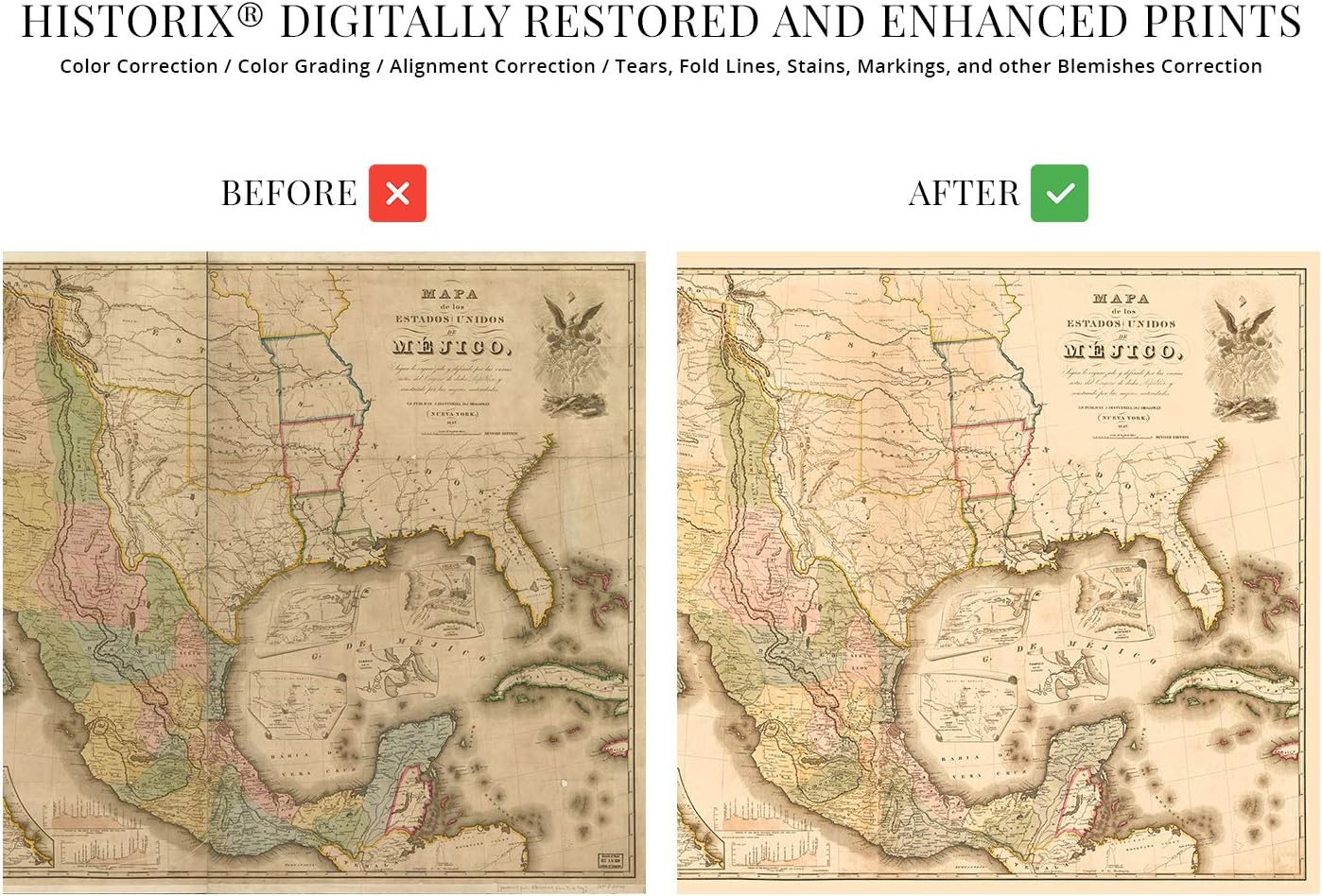 HISTORIX Vintage 1847 Mexico Map Poster - 24x36 Inch Vintage Map of Mexico States - Mapa de Mexico Wall Art - Mapa de Los Estados Unidos de Mejico Definido por las Varias Actas del Congreso