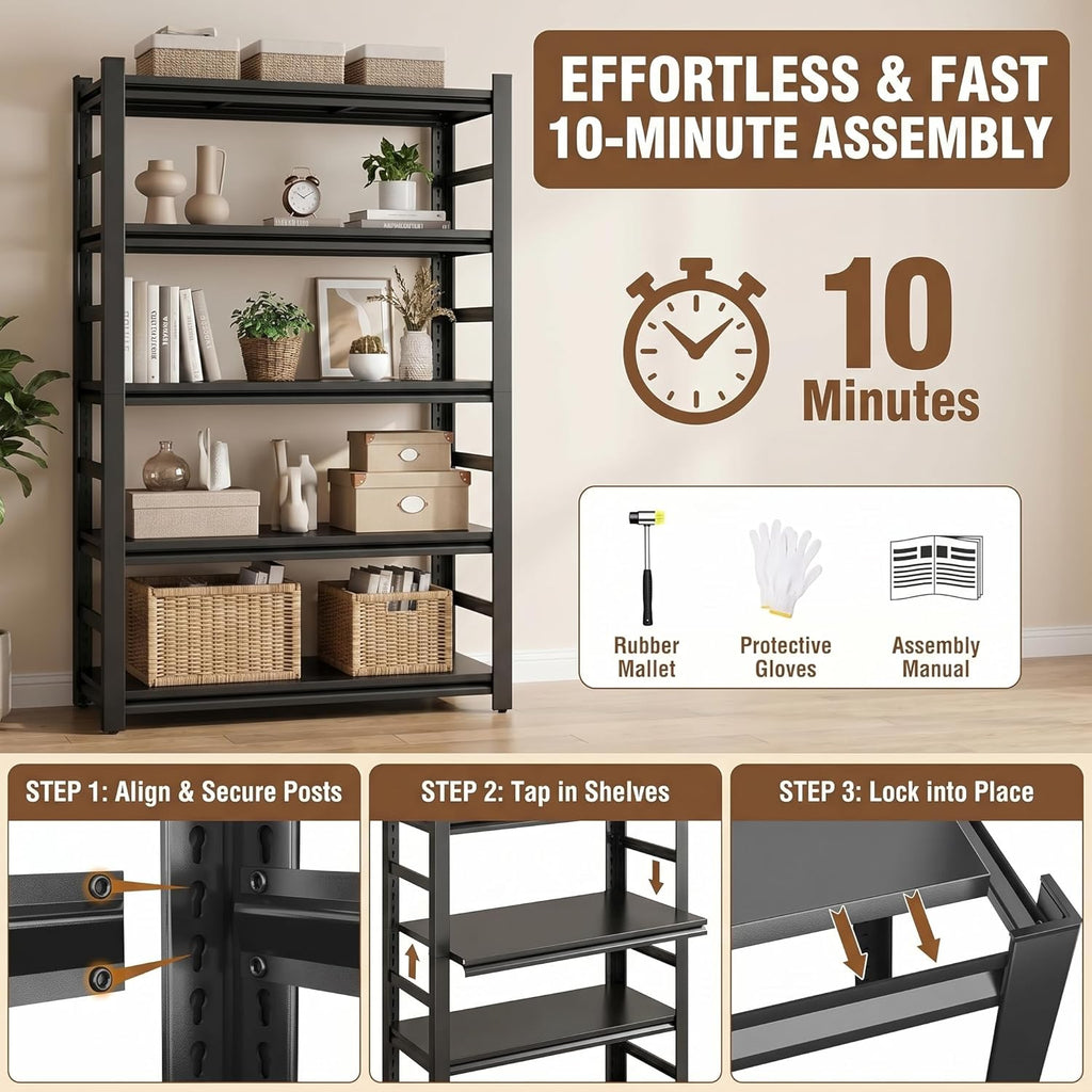 5 Tier Metal Bookshelf with Anti-Drop Fence, 72" H Adjustable Tall Bookcase, Heavy Duty 3000 LBS Modern Deep Book Shelf, Bolt-Free Storage Shelves for Living Room, Home Office, Garage