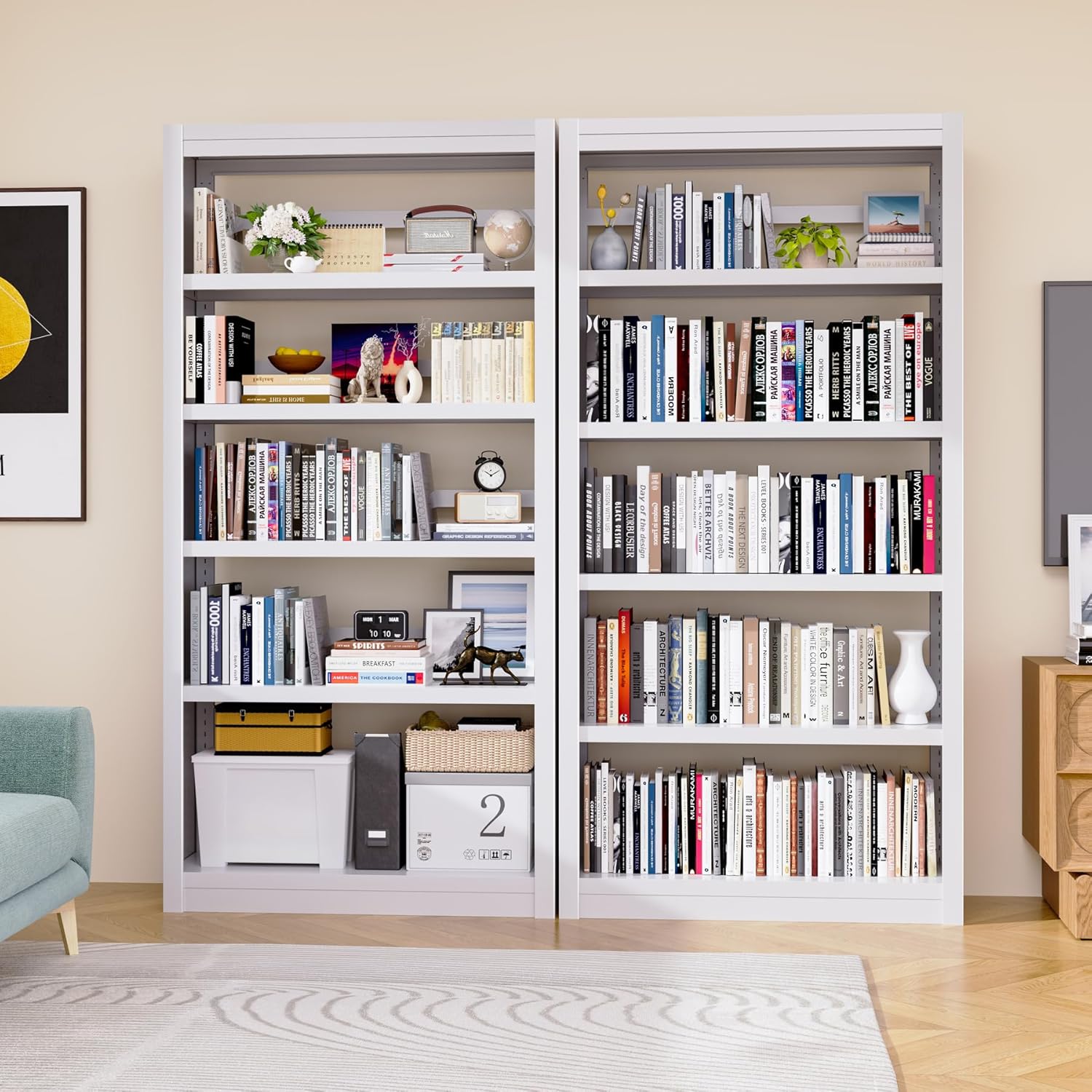 Bookshelf,6-Tier Adjustable Steel Book Shelf,61" H Heavy Duty Metal Bookcase for Home/Office/Garage,White Shelf (White, 61" Tall)