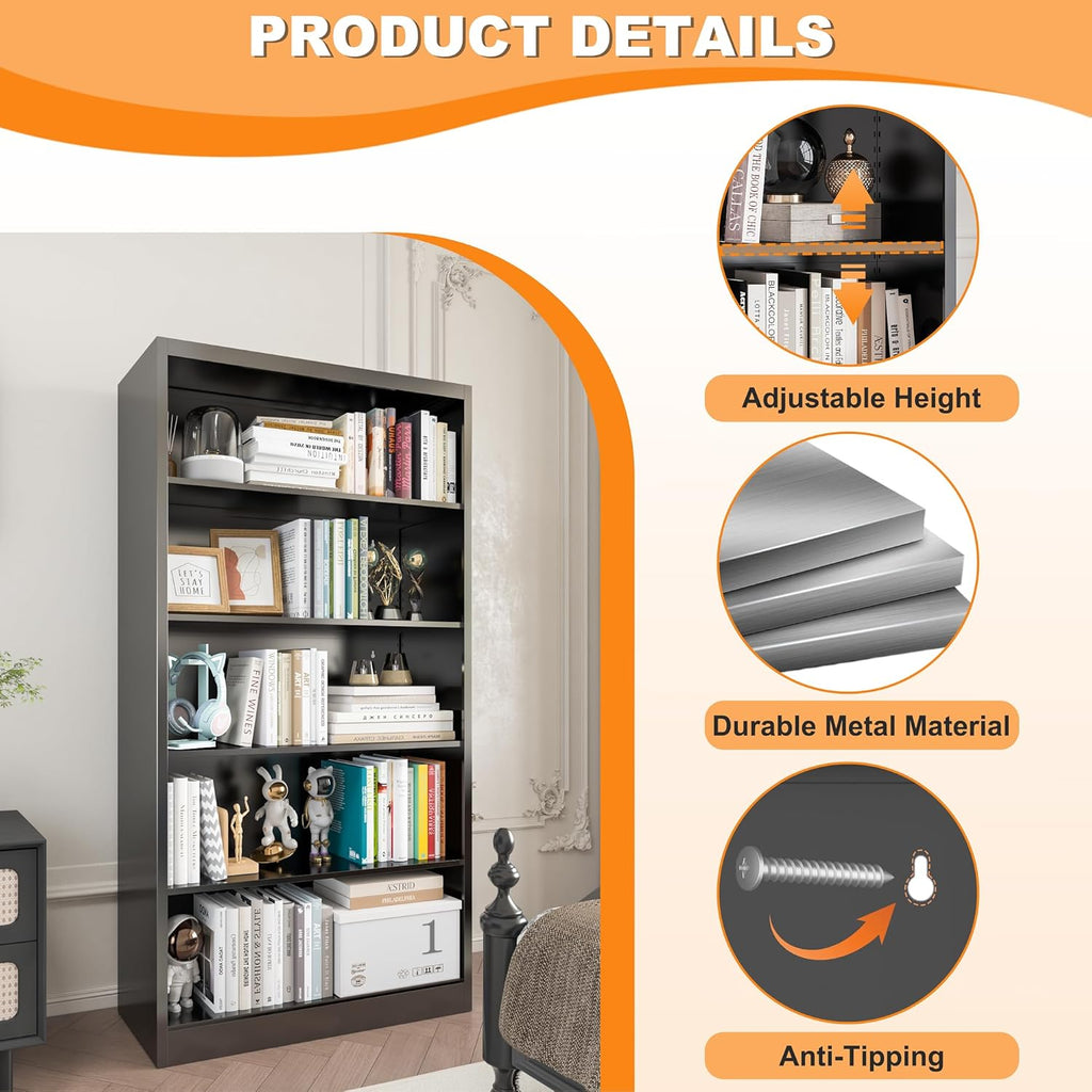 VASAAOSD 66" Tall Metal Bookcase, 5 Shelf Black Bookcase with Adjustable Shelves, Large Bookshelves and Bookcases, Modern Book Shelf Storage Organizer for Living Room, Home Office, Library (Black)