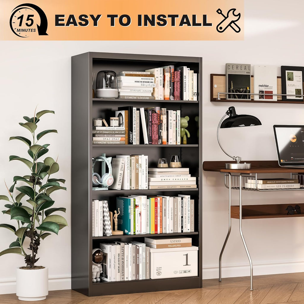 VASAAOSD 66" Tall Metal Bookcase, 5 Shelf Black Bookcase with Adjustable Shelves, Large Bookshelves and Bookcases, Modern Book Shelf Storage Organizer for Living Room, Home Office, Library (Black)