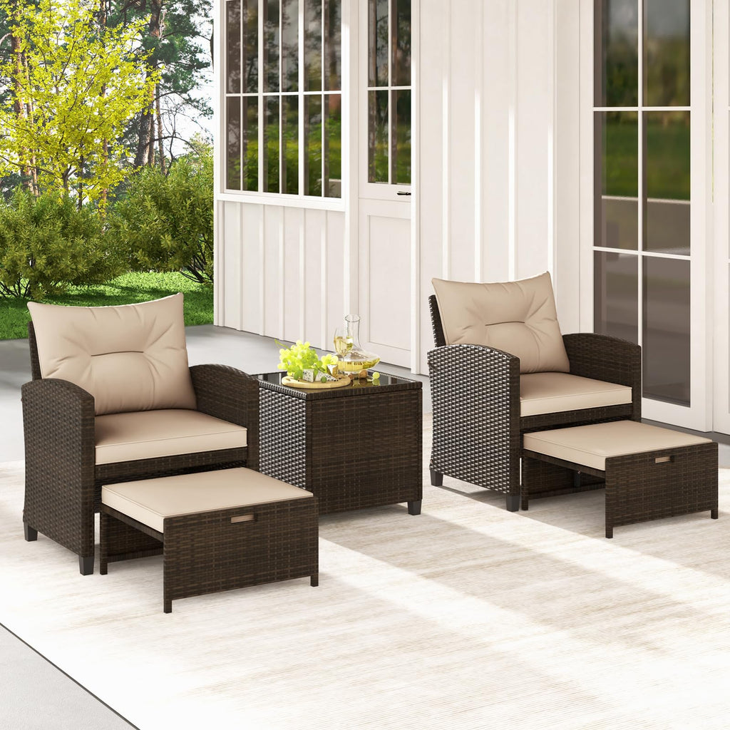 COSTWAY 5-Piece Rattan Conversation Set, Outdoor Wicker Sofa, Tempered Glass Coffee Table & Ottomans for Small Space, Boho Chic Indoor/Outdoor Furniture Set for Poolside, Backyard, Deck (Navy)