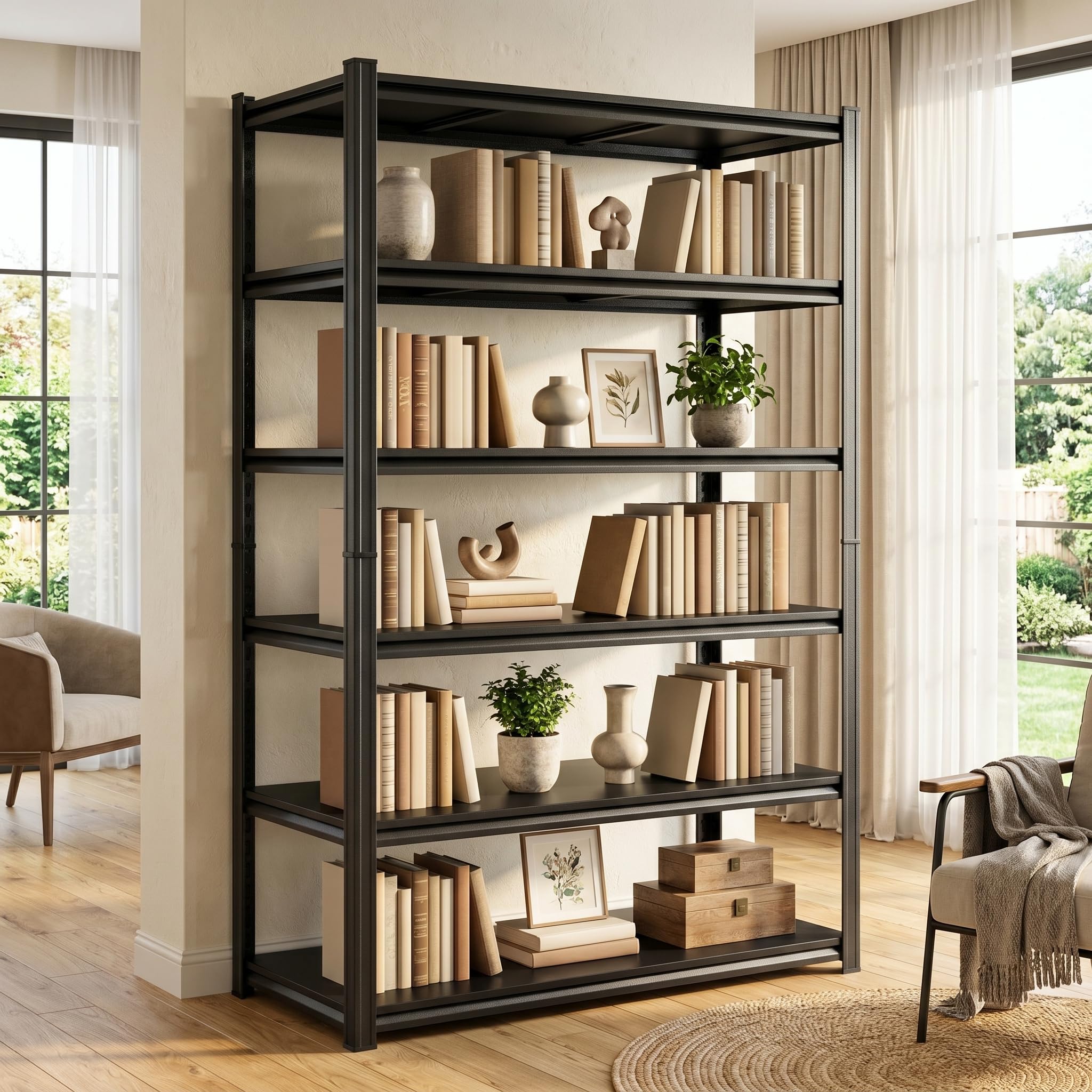 5 Tier Metal Bookshelf with Anti-Drop Fence, 72" H Adjustable Tall Bookcase, Heavy Duty 3000 LBS Modern Deep Book Shelf, Bolt-Free Storage Shelves for Living Room, Home Office, Garage