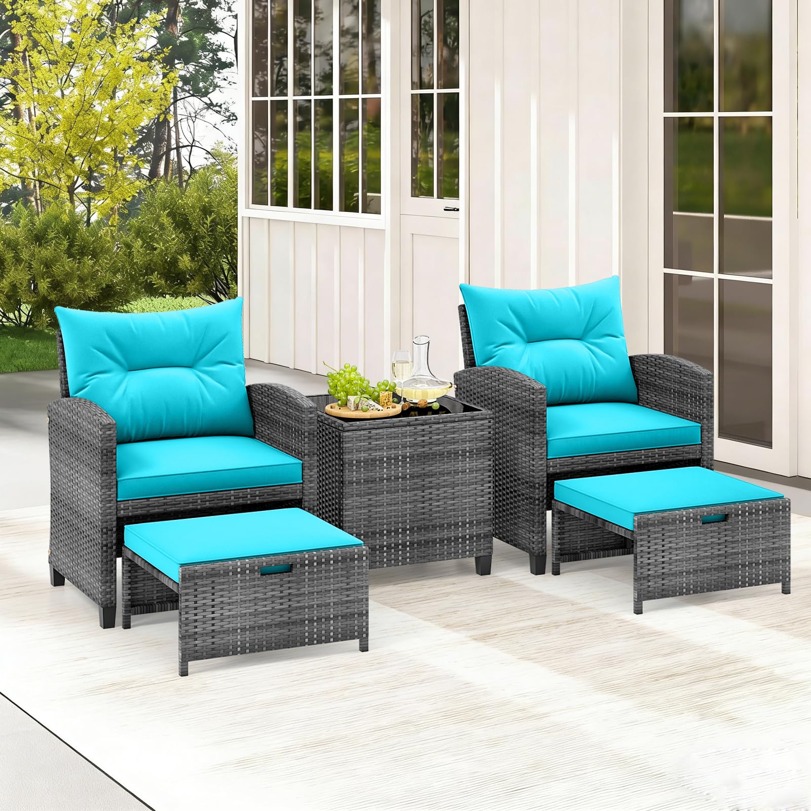 COSTWAY 5-Piece Rattan Conversation Set, Outdoor Wicker Sofa, Tempered Glass Coffee Table & Ottomans for Small Space, Boho Chic Indoor/Outdoor Furniture Set for Poolside, Backyard, Deck (Navy)