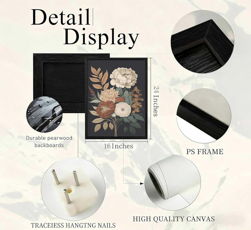 3Pcs Framed Vintage Peony Flower Still Life Canvas Wall art Rustic Dark Floral Plant Painting Picture Farmhouse Wall Decor Posters Print Artwork for Women's Room Living Room Bedroom Home Decoration