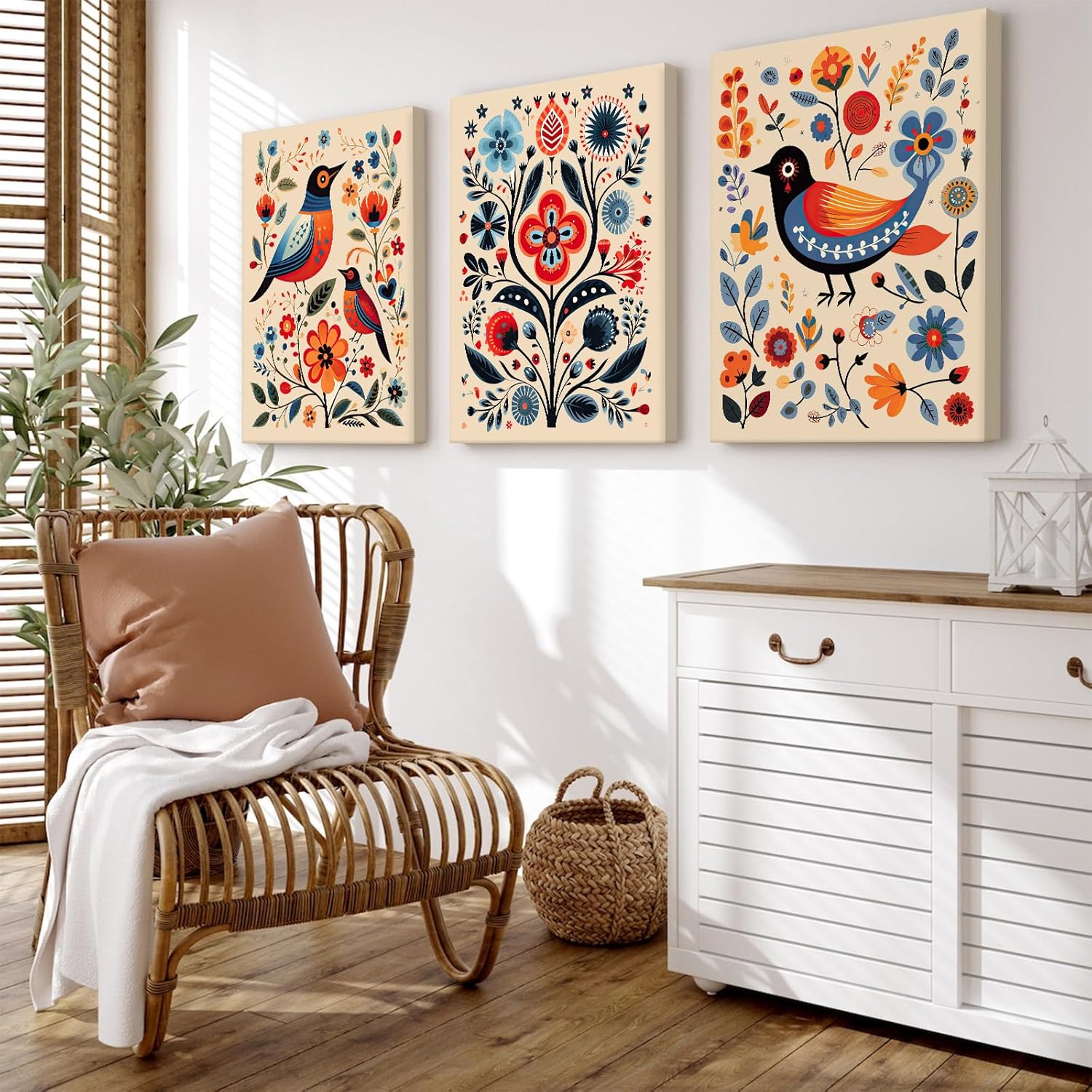 Scandinavian Folk Wall Art Nodic Flower Canvas Wall Decor Norwegian Wall Art Poster Swedish Antique Wall Decor Pictures Floral Bird Prints Vintage Poster for Home Kitchen 16x24x3 Inch Ready to Hang