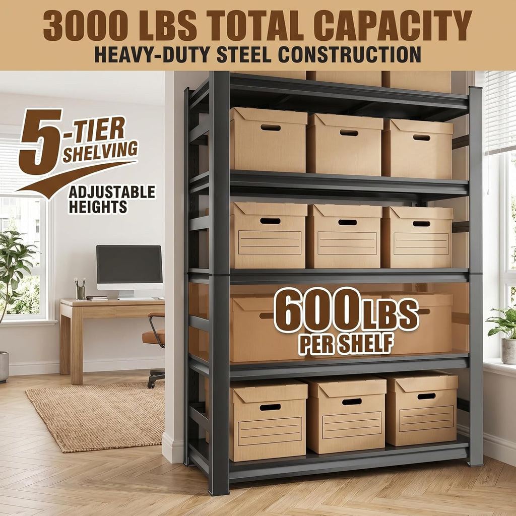 5 Tier Metal Bookshelf with Anti-Drop Fence, 72" H Adjustable Tall Bookcase, Heavy Duty 3000 LBS Modern Deep Book Shelf, Bolt-Free Storage Shelves for Living Room, Home Office, Garage