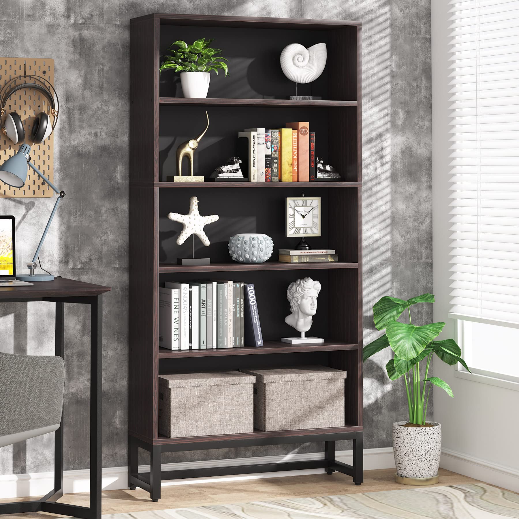 Tribesigns Tall Bookcase Black Bookshelf, 70.8” Large Bookcases Organizer with LED Lights, Heavy Duty Free-Standing Library Bookshelf with 5-Tier Storage Shelves for Living Room, Bedroom (Black)