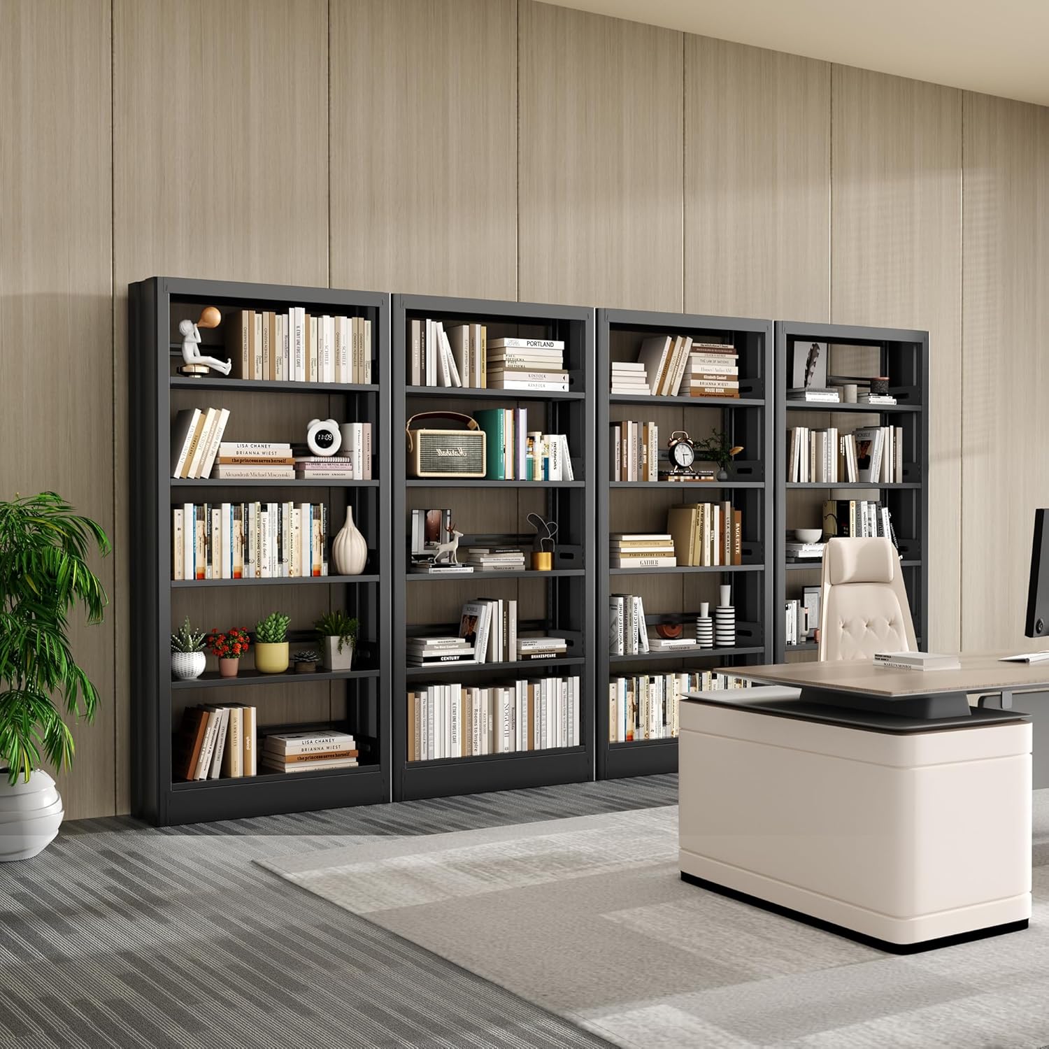 5-Tier Bookcase with Adjustable Storage Shelves, Heavy Duty Bookcase, Metal Bookshelf with Book Stopper, Black Bookcase Shelf for Library, Office, Living Room