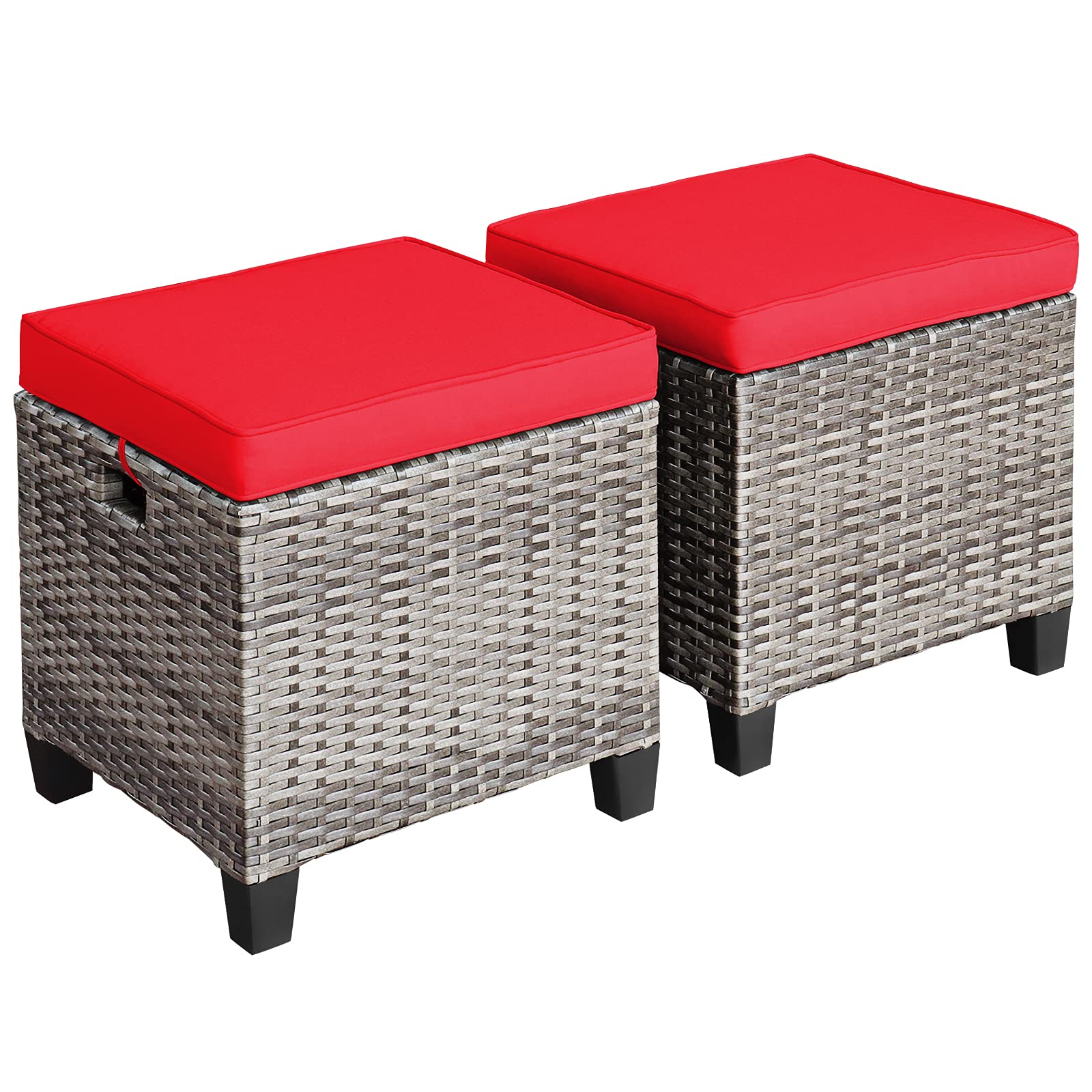 Tangkula 2 Pieces Outdoor Patio Ottoman, All Weather Rattan Wicker Ottoman Seat, Patio Rattan Furniture, Outdoor Footstool Footrest Seat w/Removable Cushions
