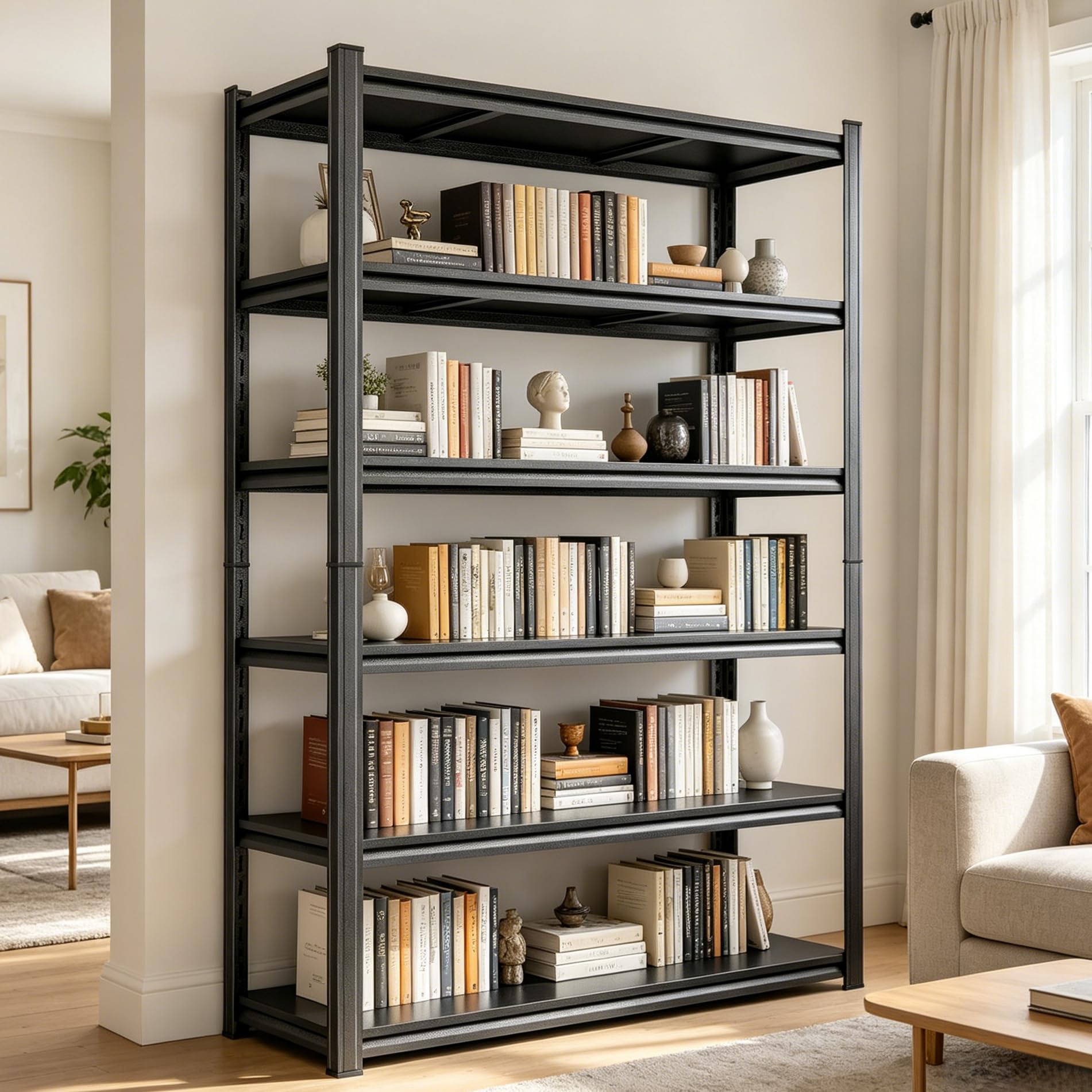 Bolt-Free 5 Tier Metal Bookshelf, 71"H Adjustable Tall Bookcase with Anti-Drop Fence, 1500LBS Heavy Duty Deep Book Shelf, Large Office Bookshelf, Modern Storage Shelves for Bedroom, LivingRoom, Garage