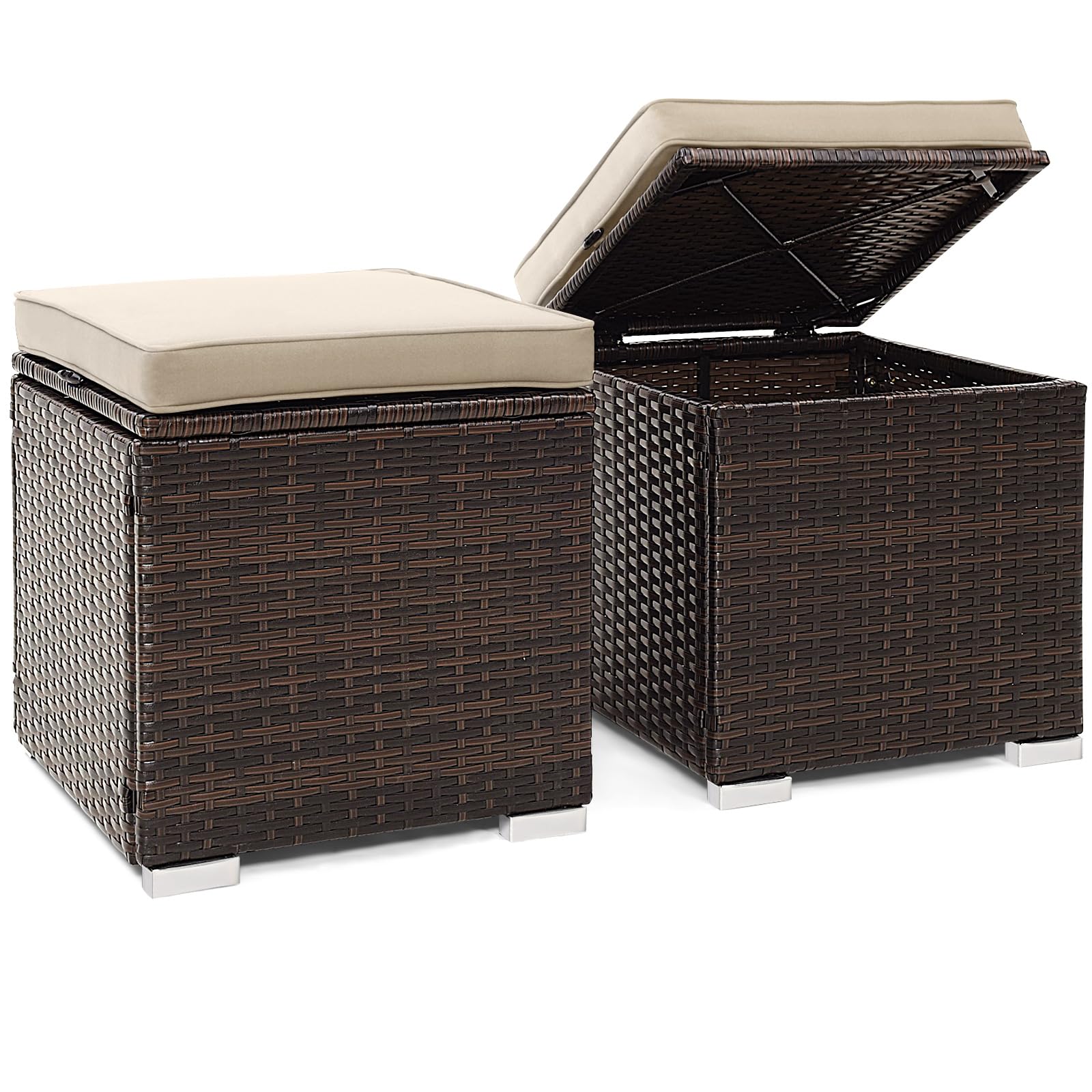 Tangkula 2 Pieces Outdoor Patio Ottoman, All Weather Rattan Wicker Ottoman Seat, Patio Rattan Furniture, Outdoor Footstool Footrest Seat w/Removable Cushions