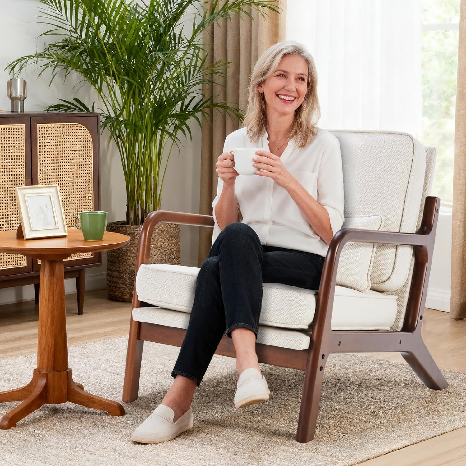 DUMOS Accent Chair Mid Century Modern Chair with Arms and Waist Cushion, Reading Chairs for Adults with Solid Frame, Lounge Side Sitting Armchair for Living Room, Bedroom, Balcony, Cream