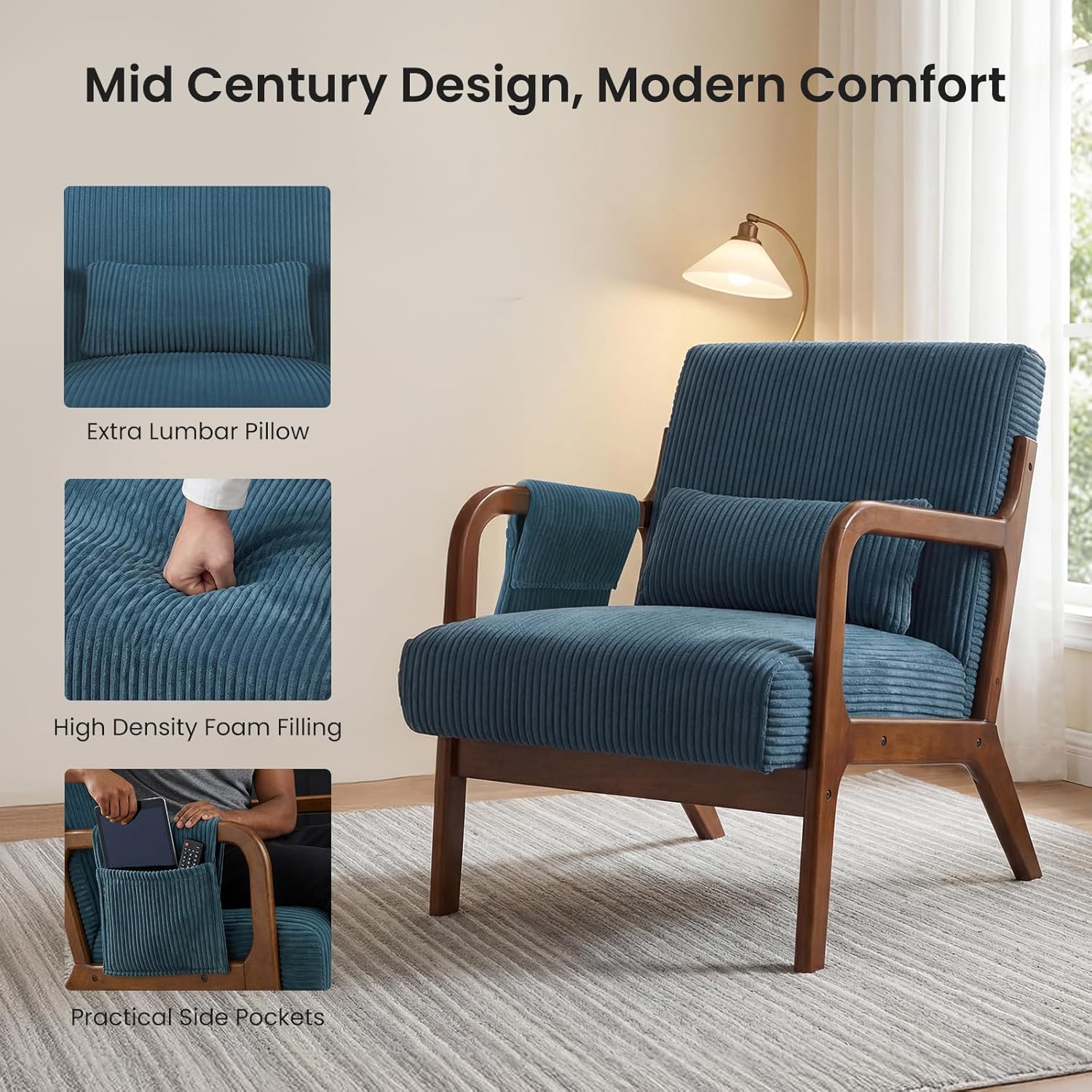DUMOS Mid Century Modern Accent Chair, Upholstered Armchair with Lumbar Pillow and Solid Wood Frame, Comfy Reading Chair for Small Living Room, Bedroom, Guest Room, Navy Blue