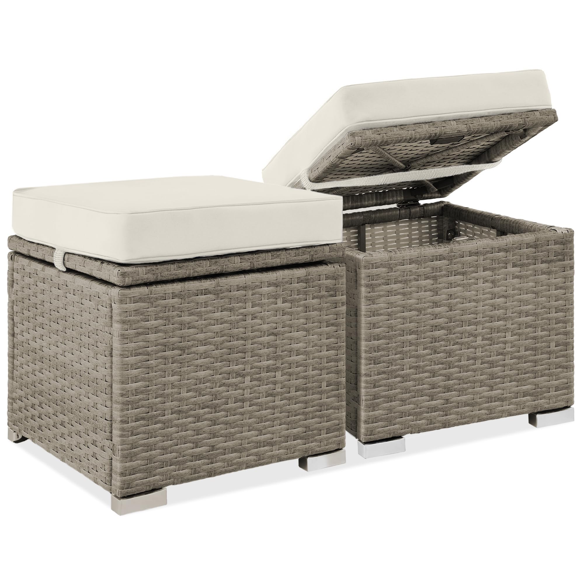 Best Choice Products Set of 2 Wicker Ottomans, Multipurpose Outdoor Furniture for Patio, Backyard, Additional Seating, Footrest, Side Table w/Storage, Removable Cushions - Brown/Beige