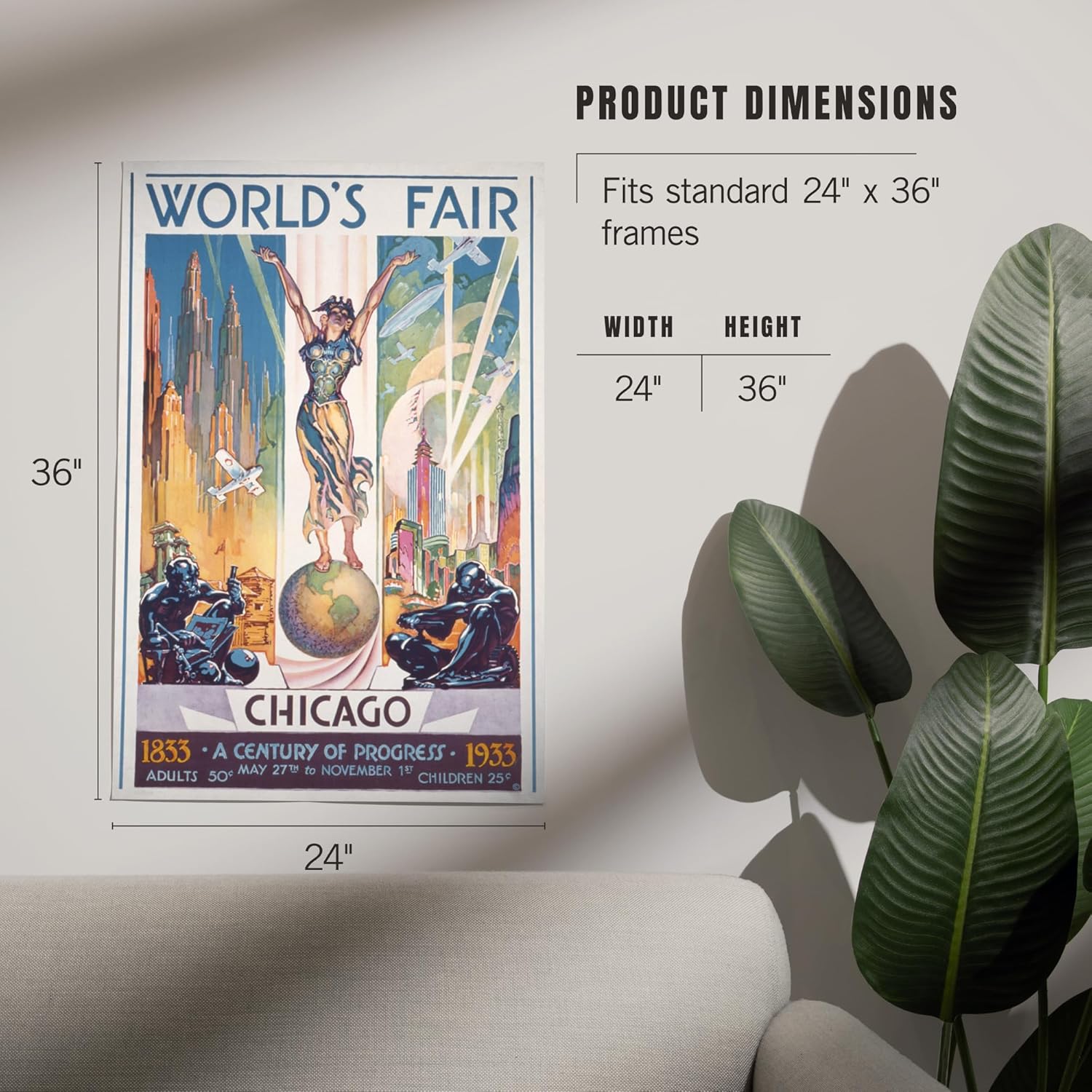 Lantern Press 24x36 Inch Giclee Art Print Wall Decor, Chicago World's Fair Poster, Woman on Globe, Vintage Advertisement