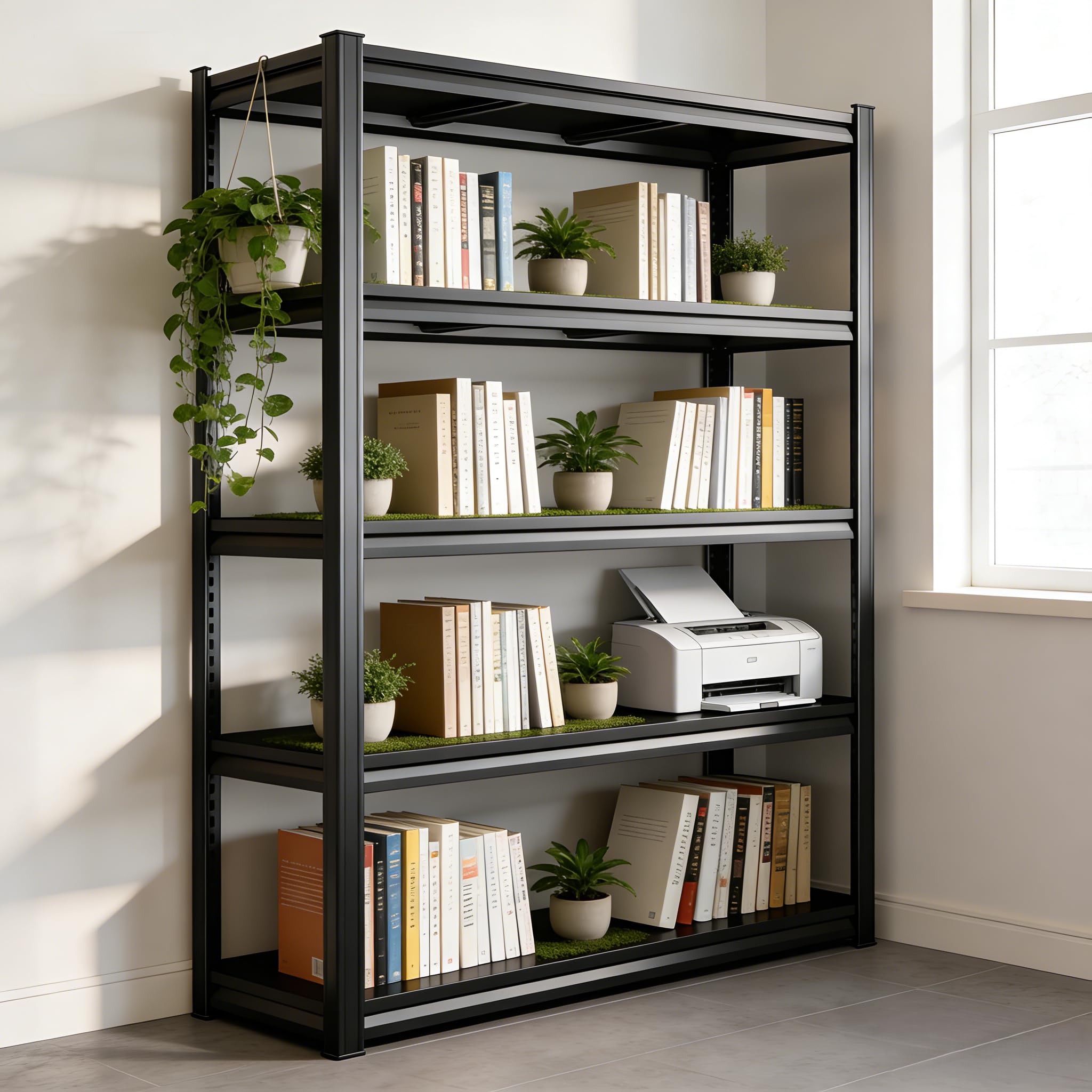 5-Tier Metal Bookshelf,Tall Book Shelf & Tall Printer Stand,36" W x 71" H Industrial Heavy Duty Metal Bookcase for Office, Home, Living Room - Adjustable Storage Rack, Easy Assembly, Black