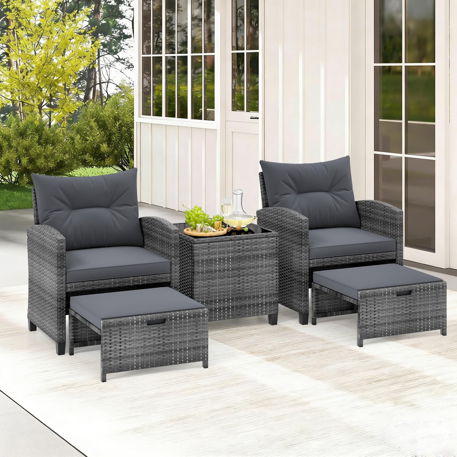 COSTWAY 5-Piece Rattan Conversation Set, Outdoor Wicker Sofa, Tempered Glass Coffee Table & Ottomans for Small Space, Boho Chic Indoor/Outdoor Furniture Set for Poolside, Backyard, Deck (Navy)