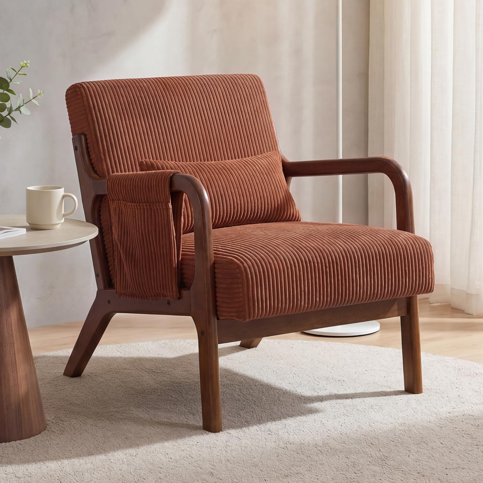 DUMOS Mid Century Modern Accent Chair, Upholstered Armchair with Lumbar Pillow and Solid Wood Frame, Comfy Reading Chair for Small Living Room, Bedroom, Guest Room, Navy Blue